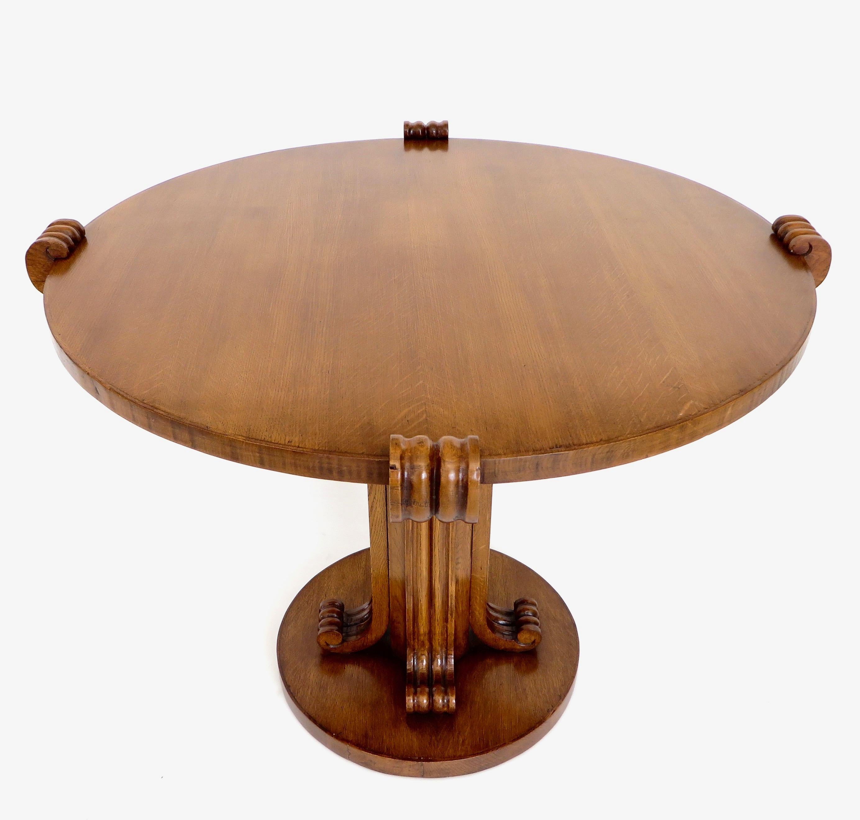 Jean-Charles Moreux Round Table with Sculptural Base and Top in Figured Walnut   1