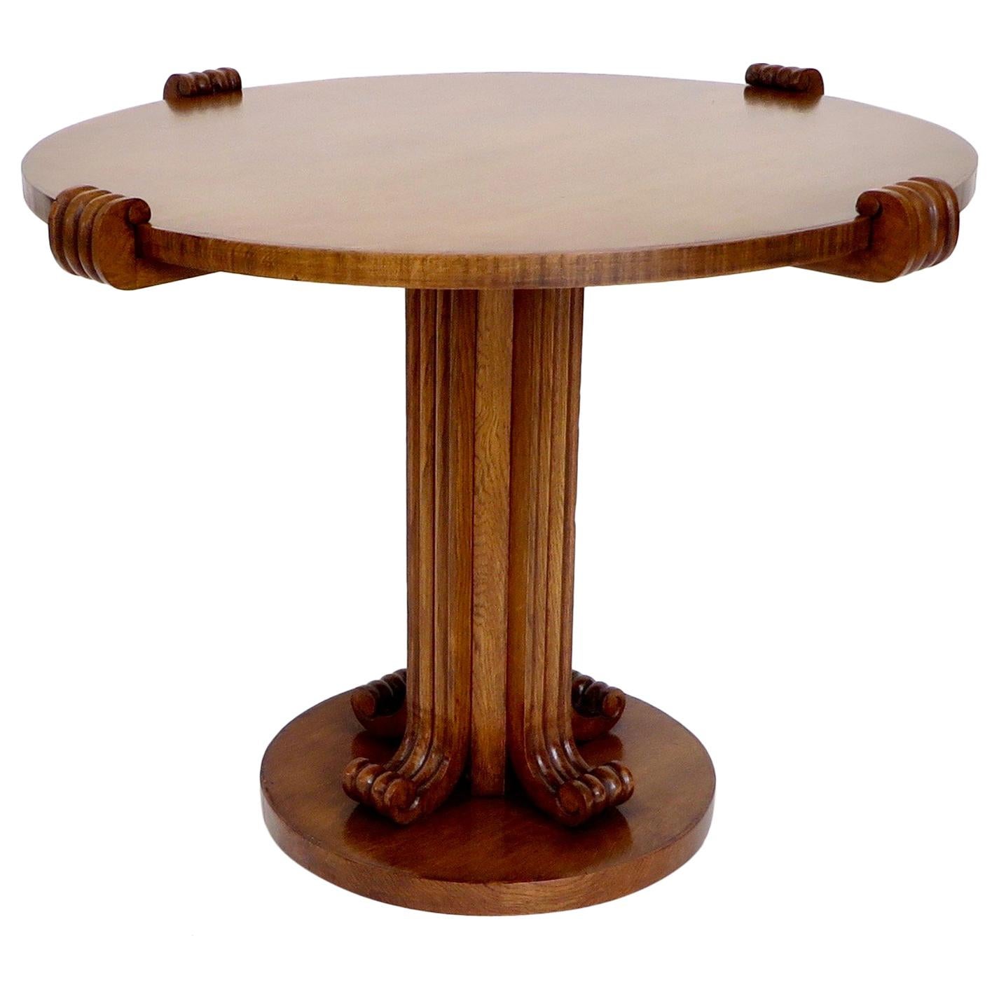 Jean-Charles Moreux Round Table with Sculptural Base and Top in Figured Walnut  