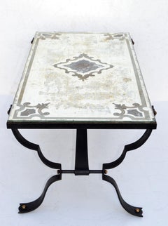 Jean-Charles Moreux Style Forged Iron Coffee Table Etched Mirrored Glass Top