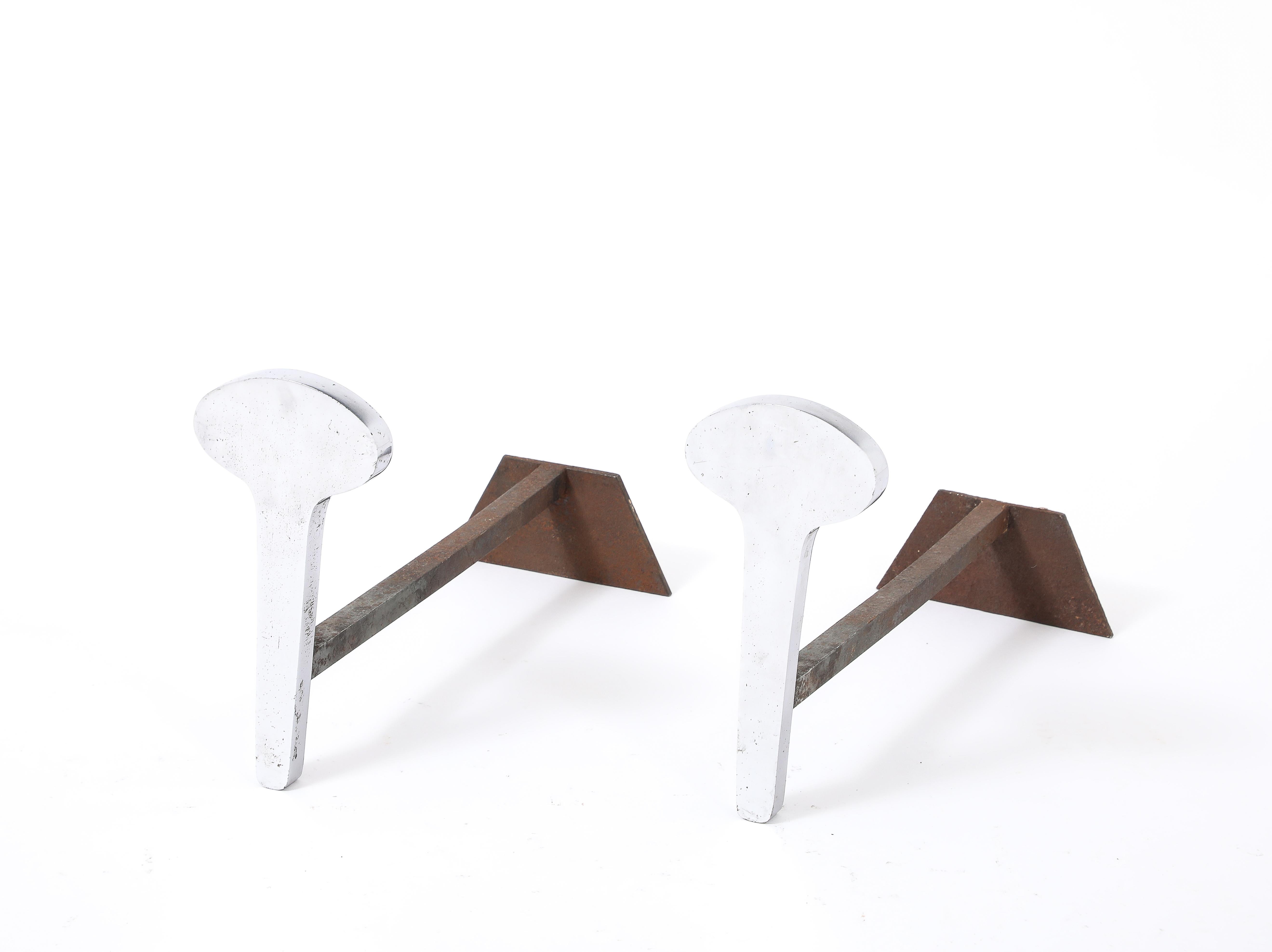 Mid-Century Modern Andirons ''Teardrop'' de Jean Charles, France 1970's en vente