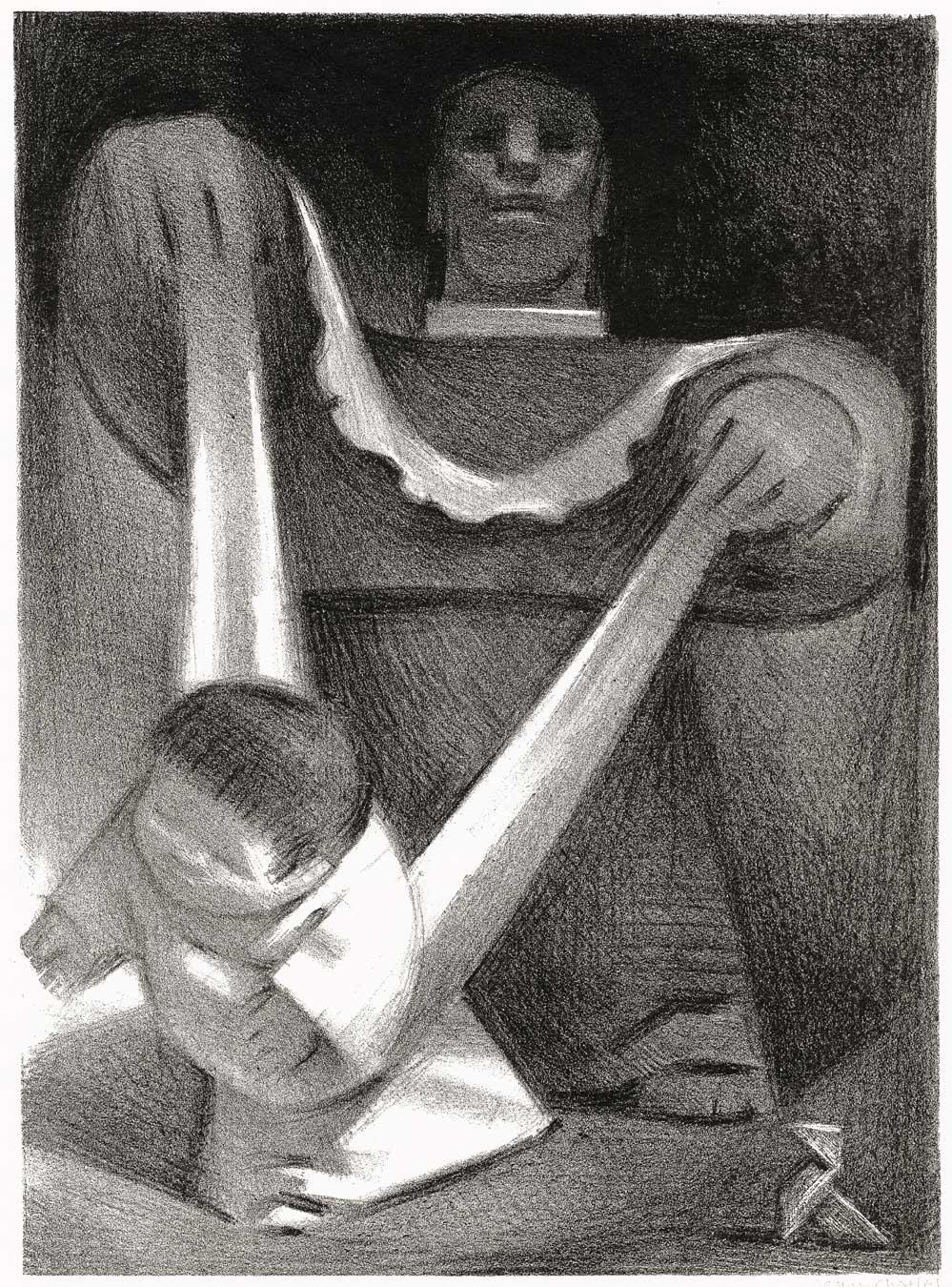 First Steps (Mexican mother uses a support device to assist young child to walk) - Gray Interior Print by Jean Charlot