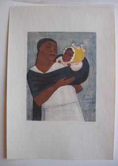 Jean Charlot Original Color Lithograph, 1933, "Woman Standing, Child on Back"
