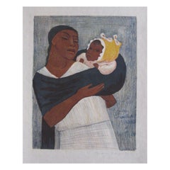 Jean Charlot Original Color Lithograph, 1933, "Woman Standing, Child on Back"