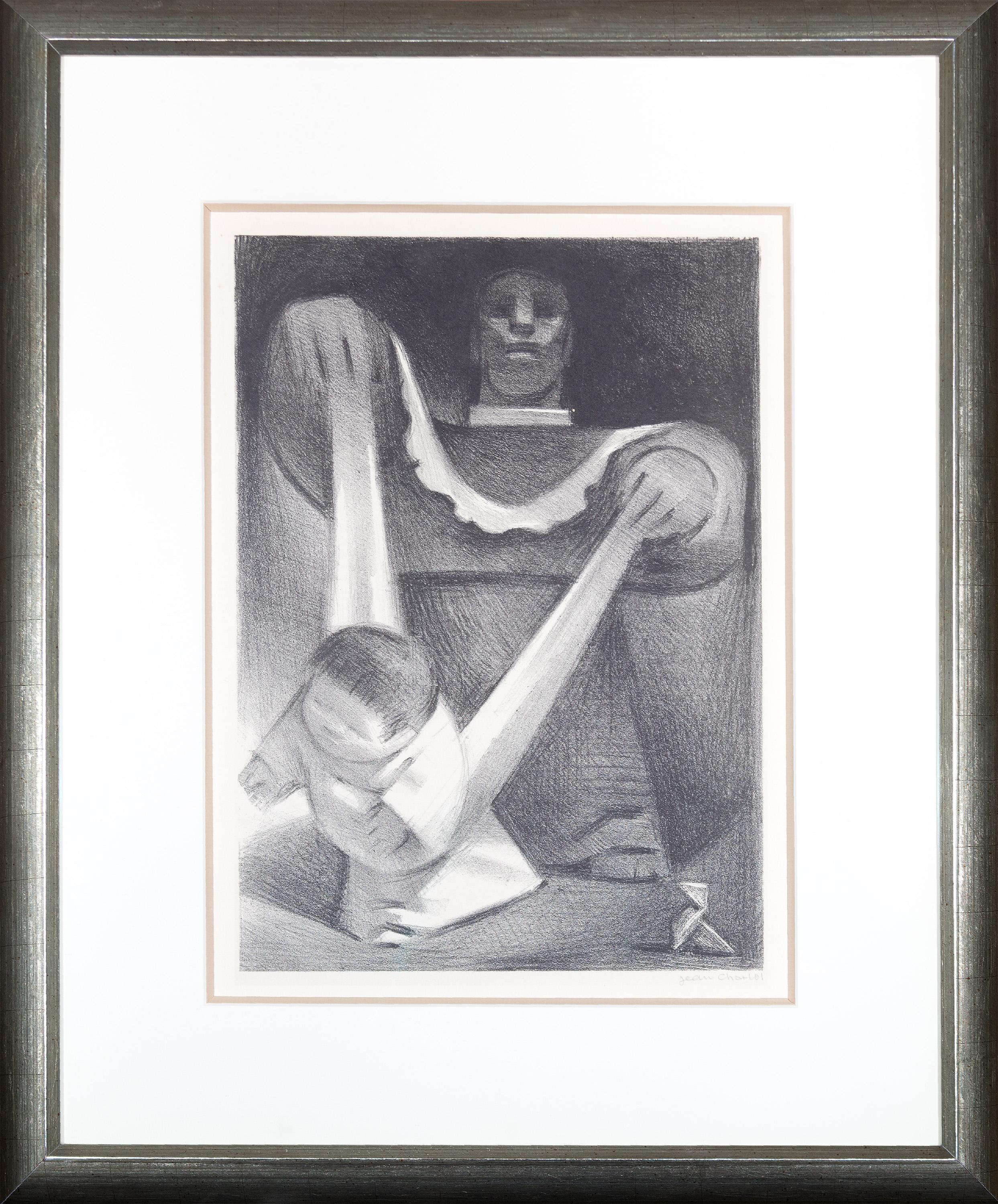 Litografía original Momentos de la vida del bebé Familia Figura femenina Madre Negro Firmado