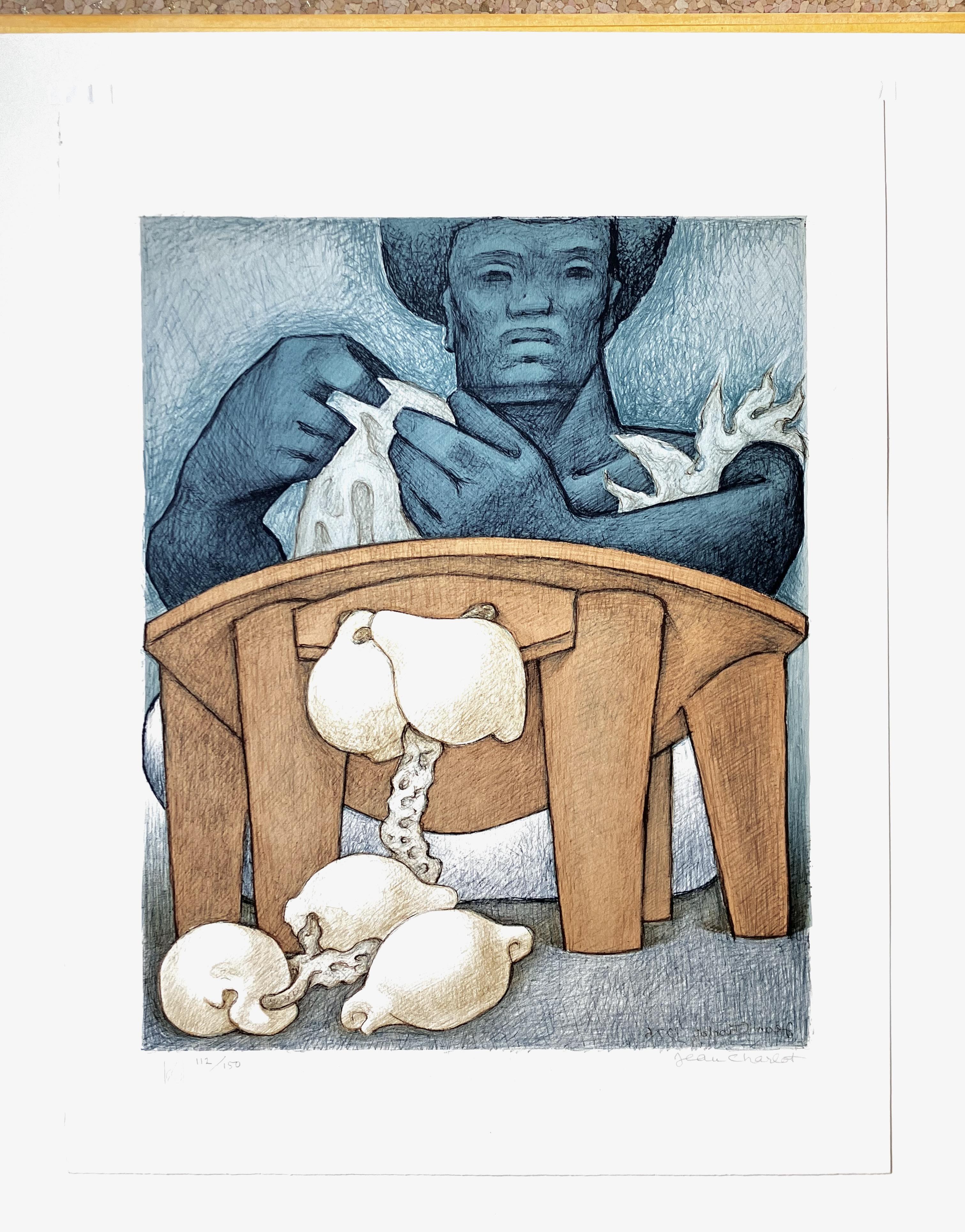 Qaravi Yaqona: Kava Ceremony - Gray Figurative Print by Jean Charlot