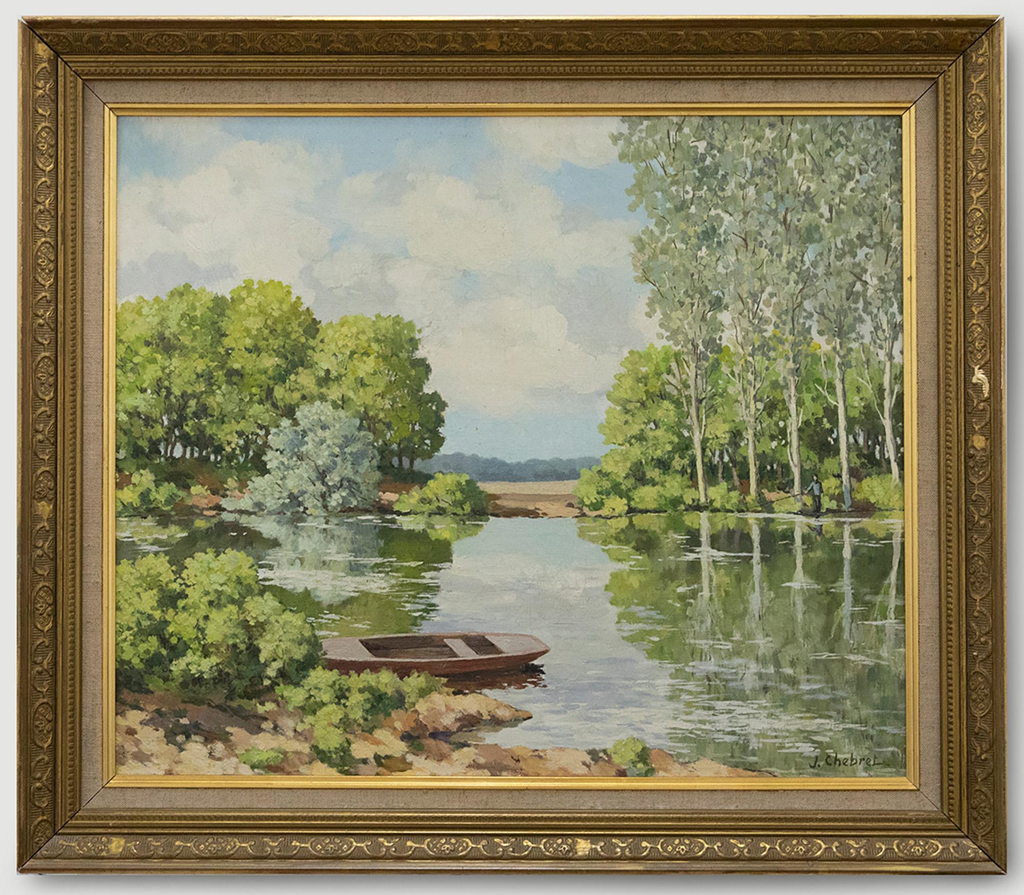 A charming depiction tranquil lake in high summer. Signed to the lower right. Presented in a gilt frame with decorative c-scrolling to the cove. On canvas.