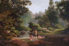 Akt badende Akte in Landschaft, französisches figuratives Ölgemälde im Vintage-Stil