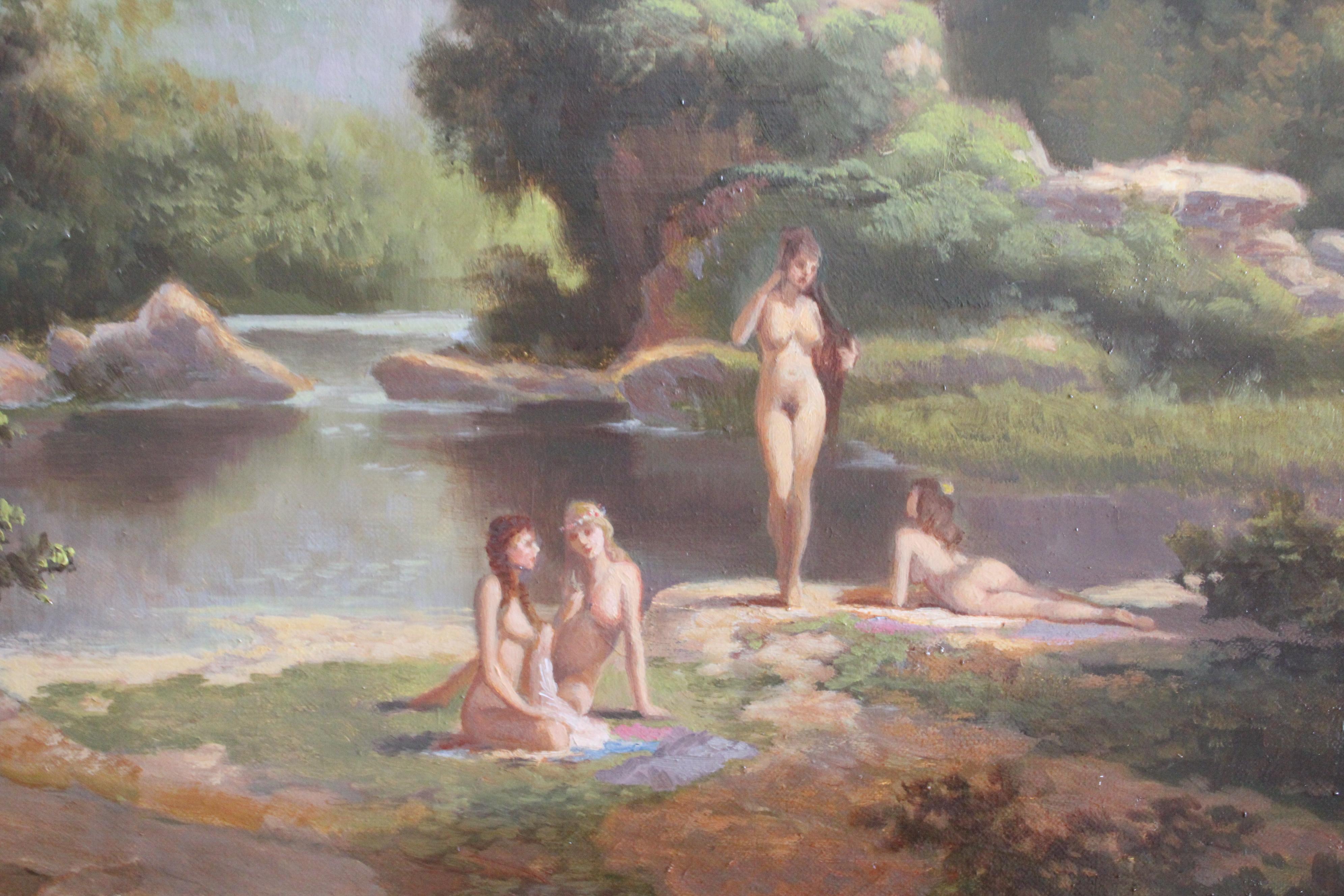 Nus se baignant dans un paysage, peinture à l'huile figurative française d'époque en vente 3