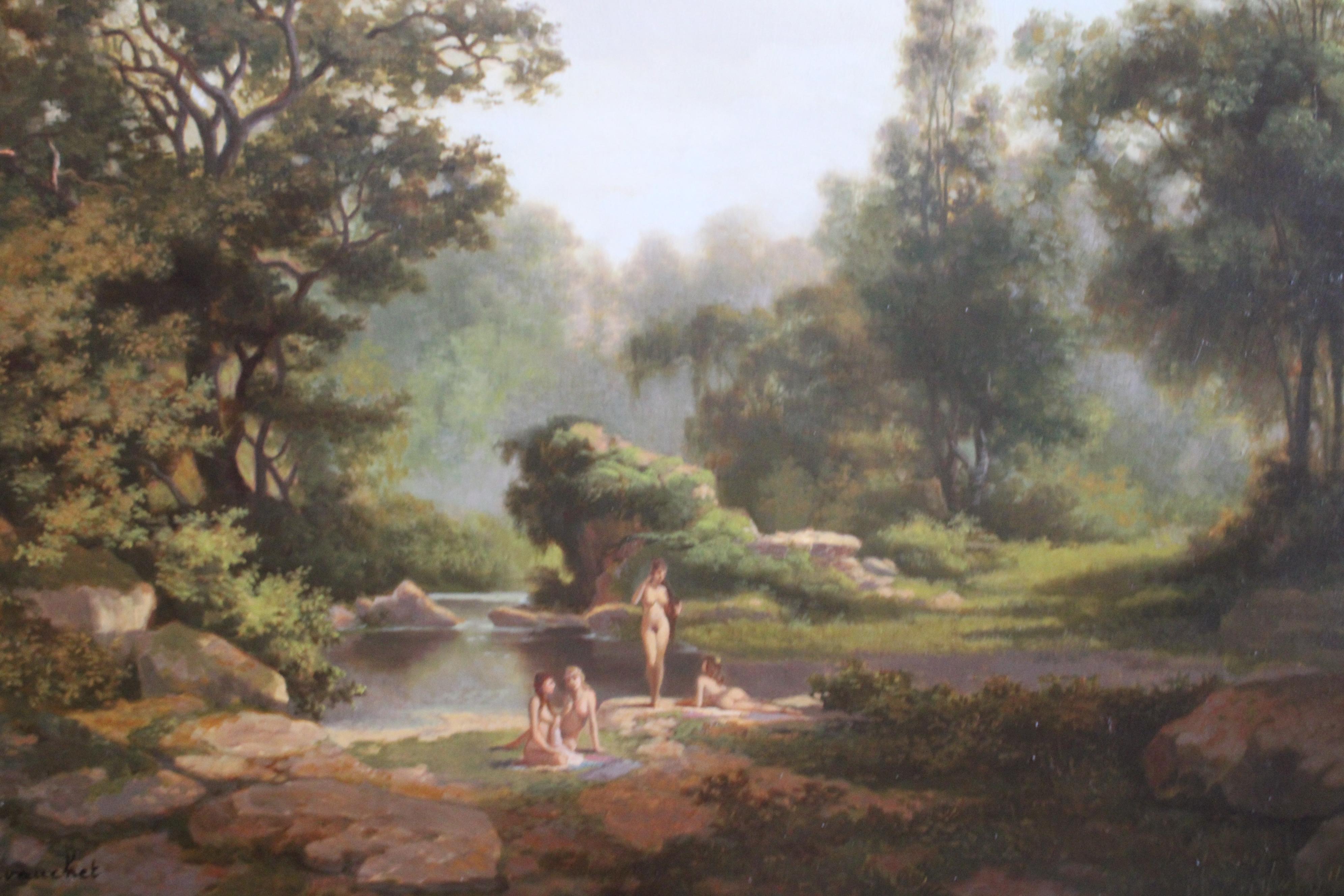 Nus se baignant dans un paysage, peinture à l'huile figurative française d'époque en vente 5