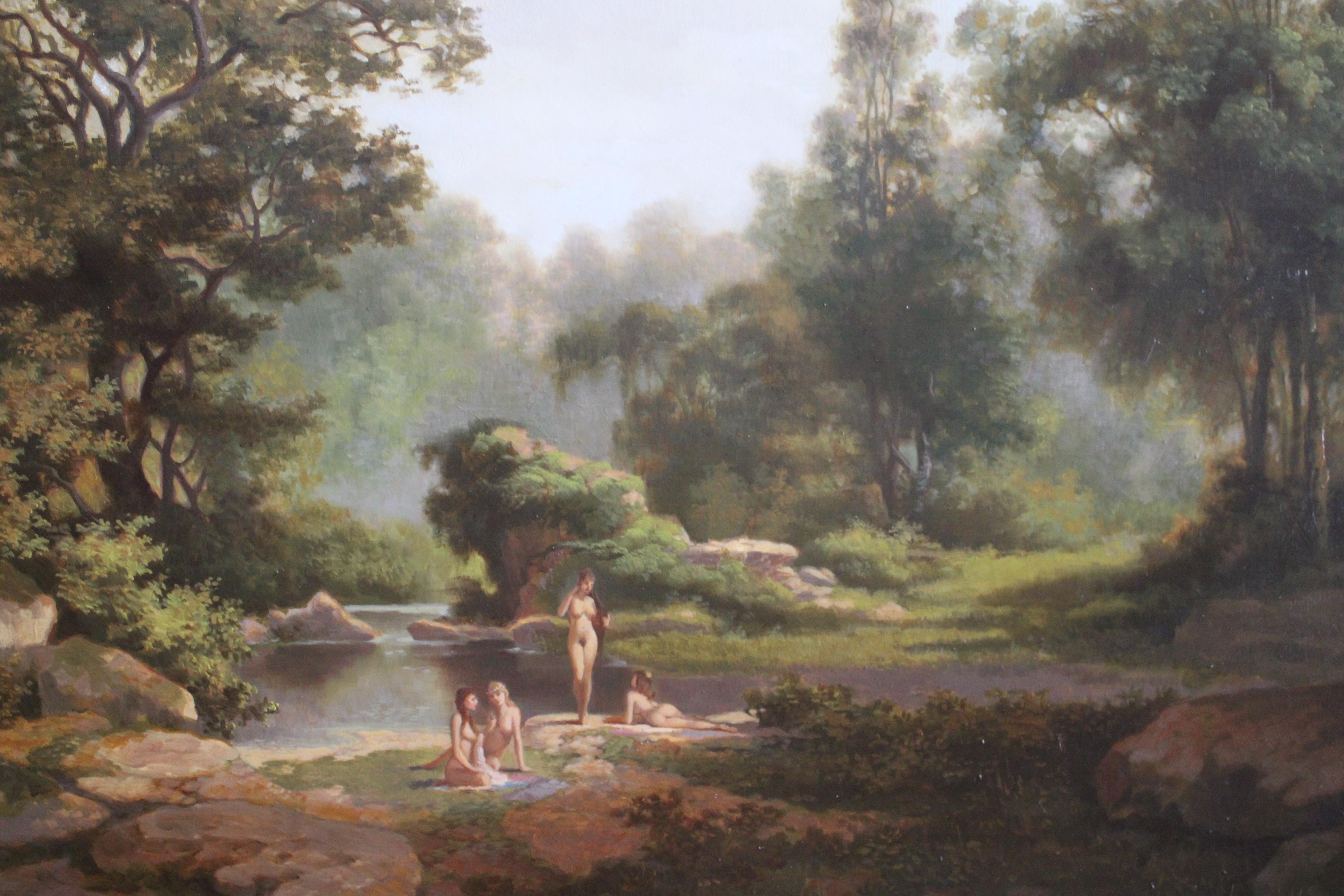 Nus se baignant dans un paysage, peinture à l'huile figurative française d'époque en vente 6
