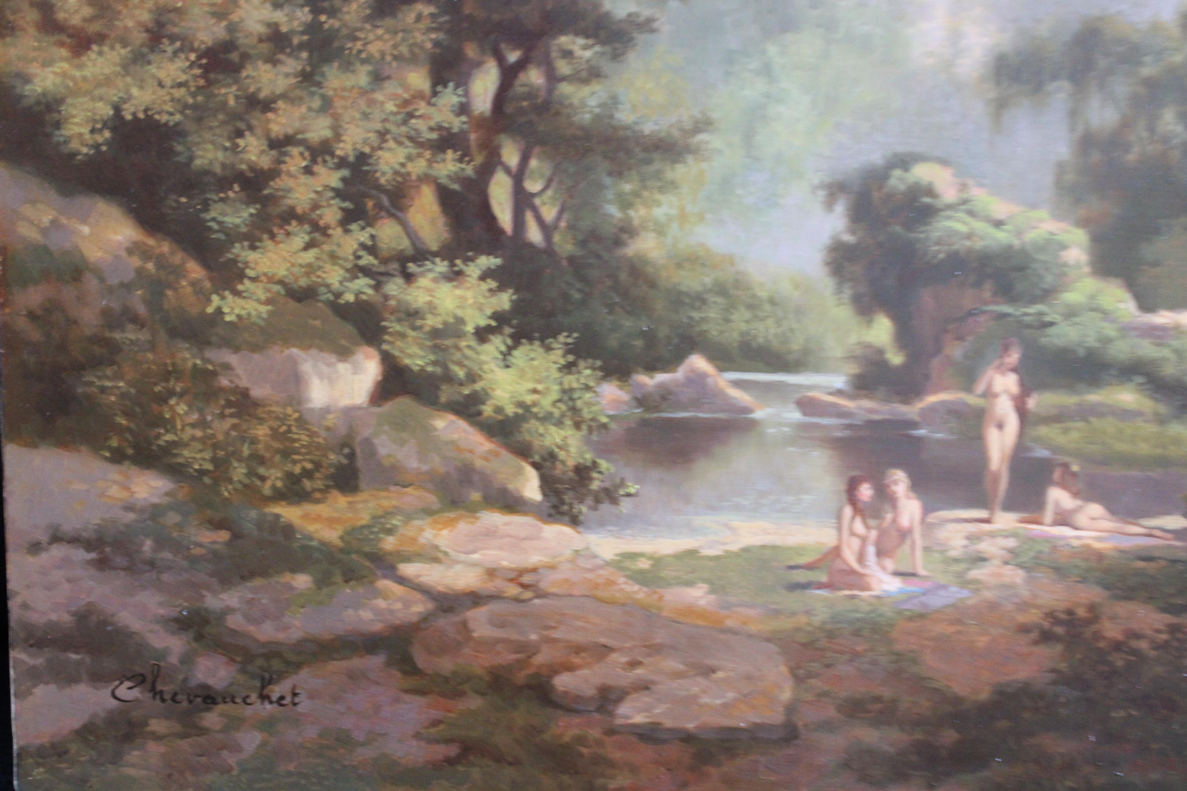 Nus se baignant dans un paysage, peinture à l'huile figurative française d'époque en vente 7