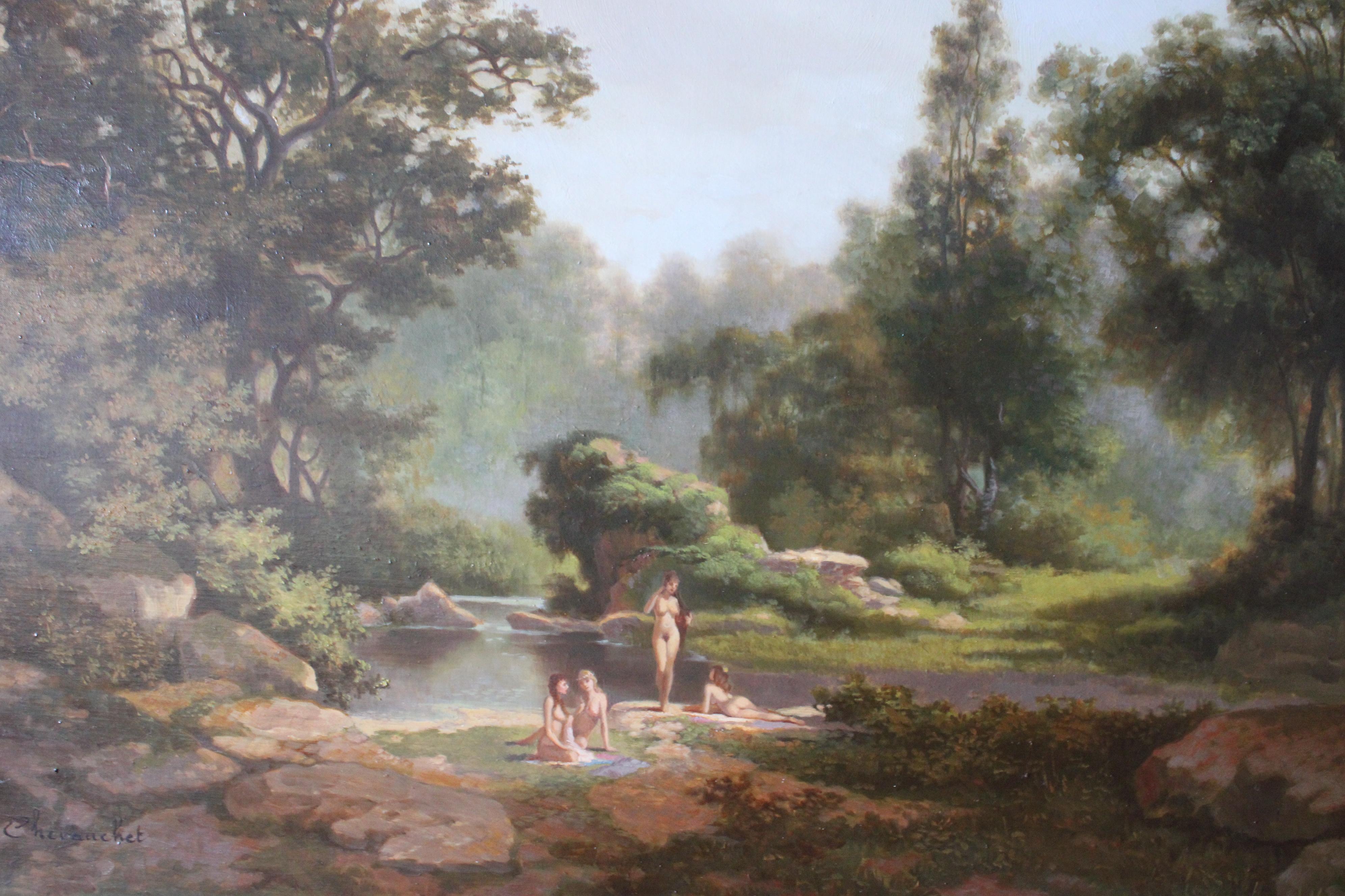 Nus se baignant dans un paysage, peinture à l'huile figurative française d'époque - Painting de Jean Chevauchet 