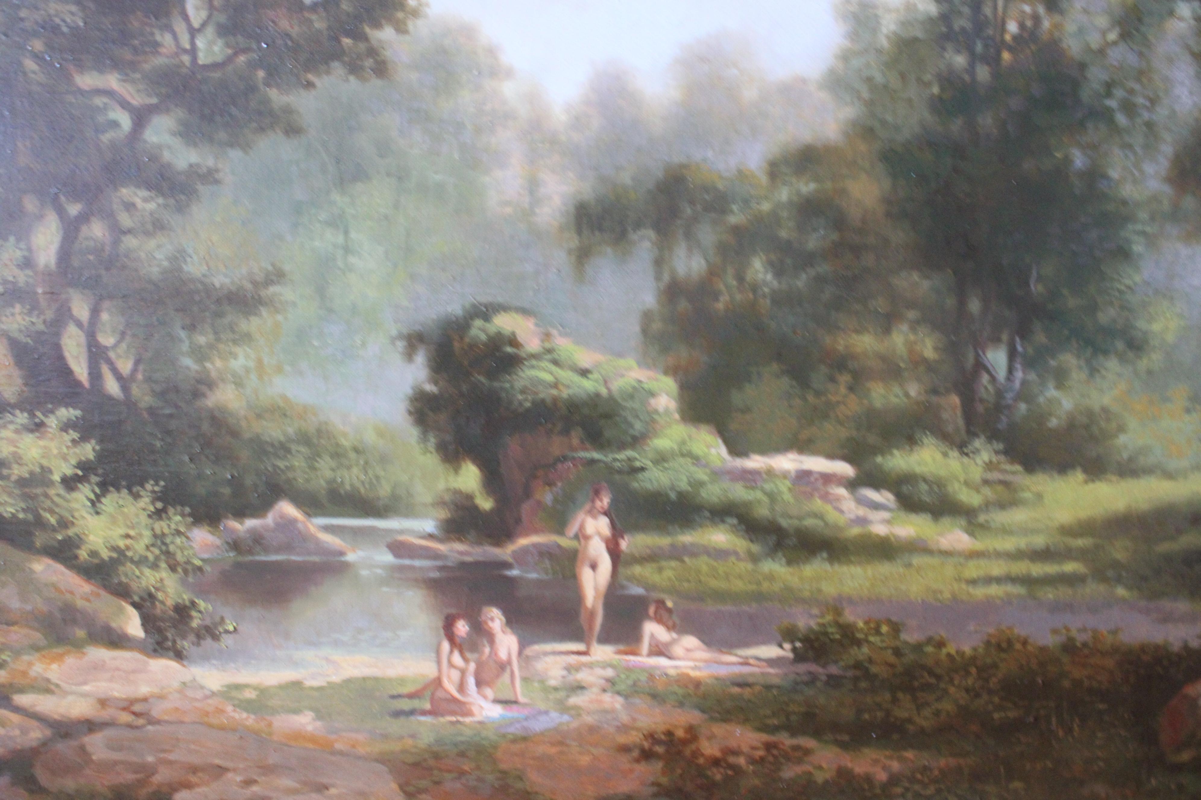 Nus se baignant dans un paysage, peinture à l'huile figurative française d'époque - École française Painting par Jean Chevauchet 