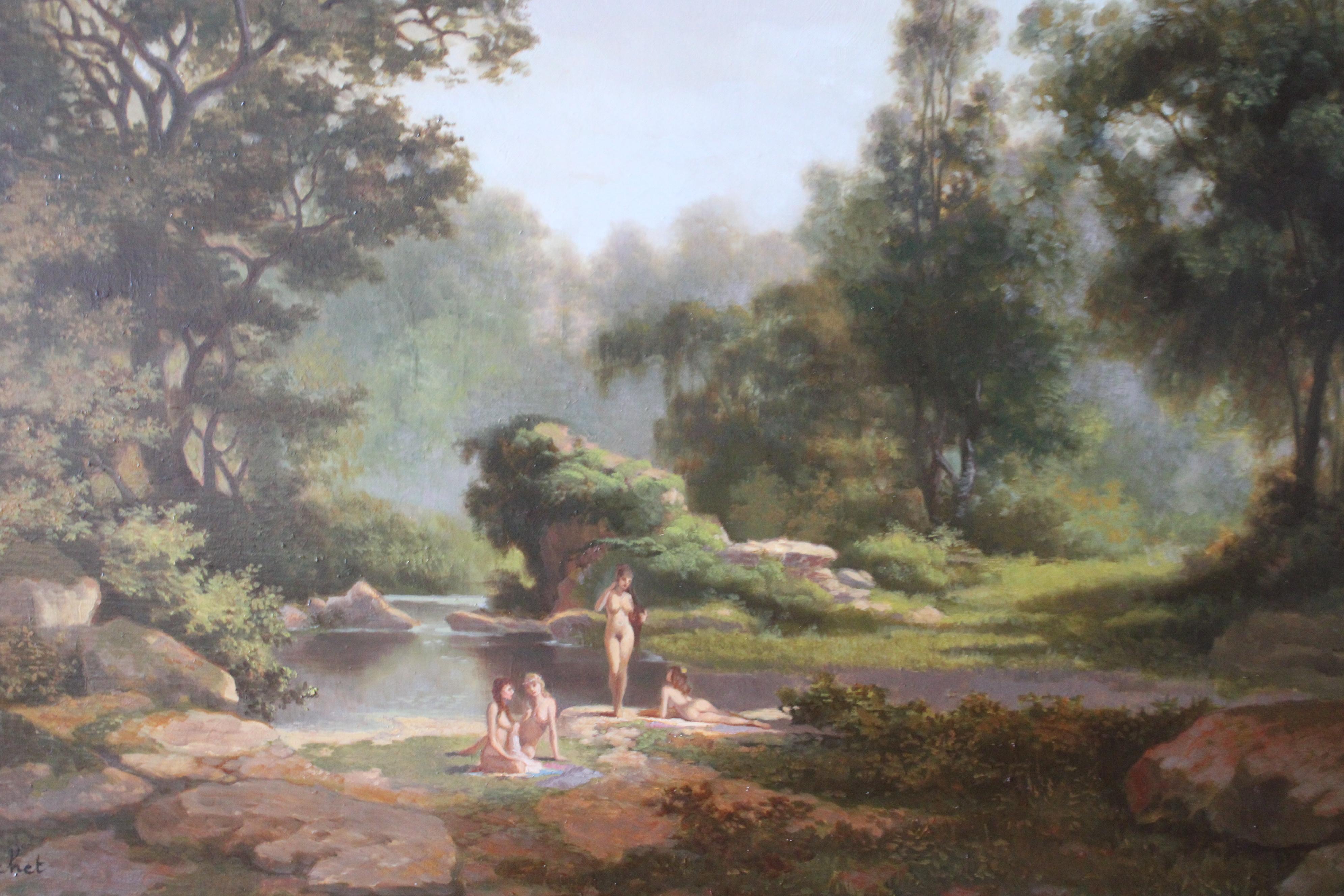 Paysage avec nus, peinture à l'huile vintage de nus se baignant dans un paysage par l'artiste français Jean Chevauchet (né en 1937).  Une peinture à l'huile sur toile inhabituelle et intéressante, presque onirique ou indéniablement symboliste,