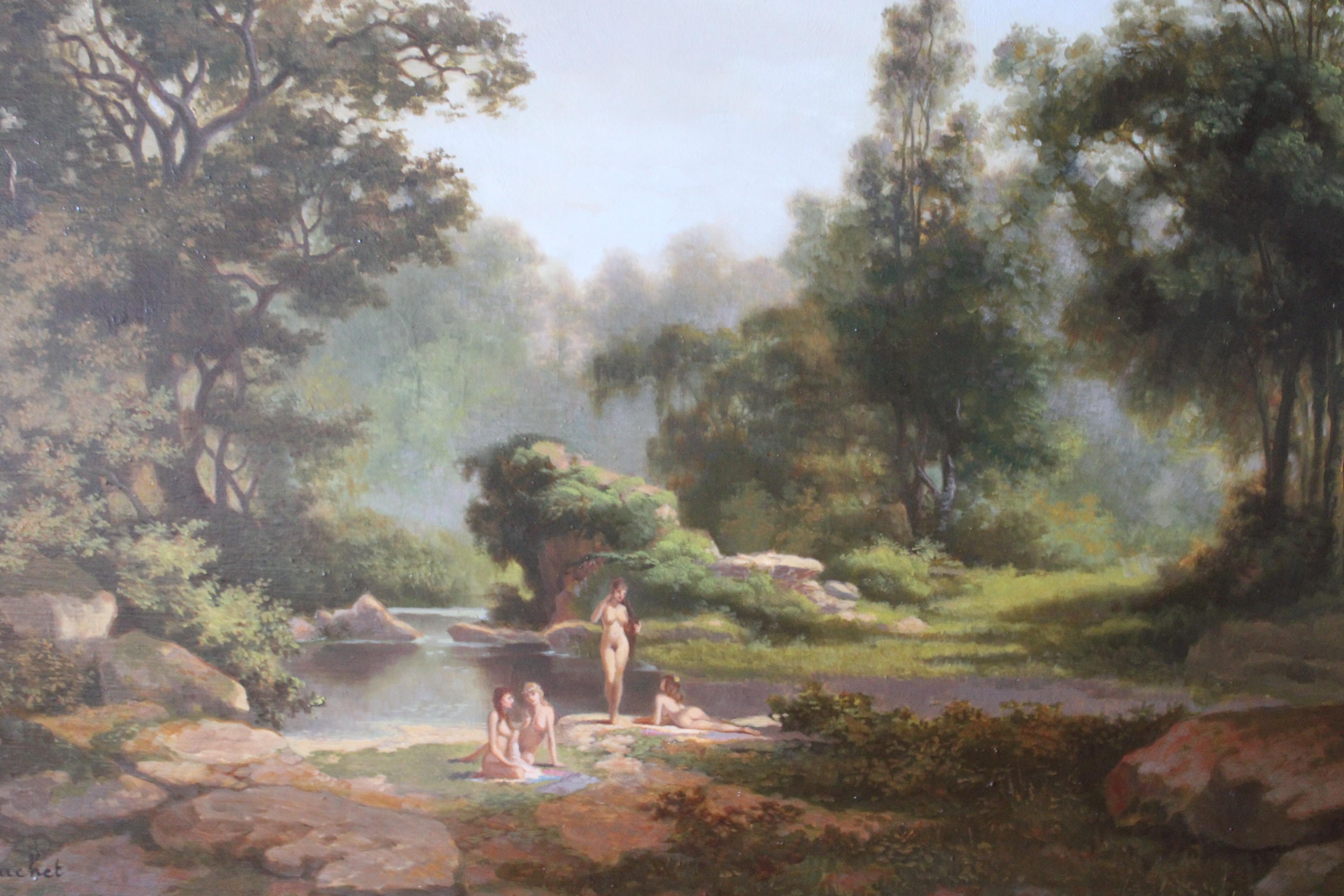 Nus se baignant dans un paysage, peinture à l'huile figurative française d'époque en vente 1