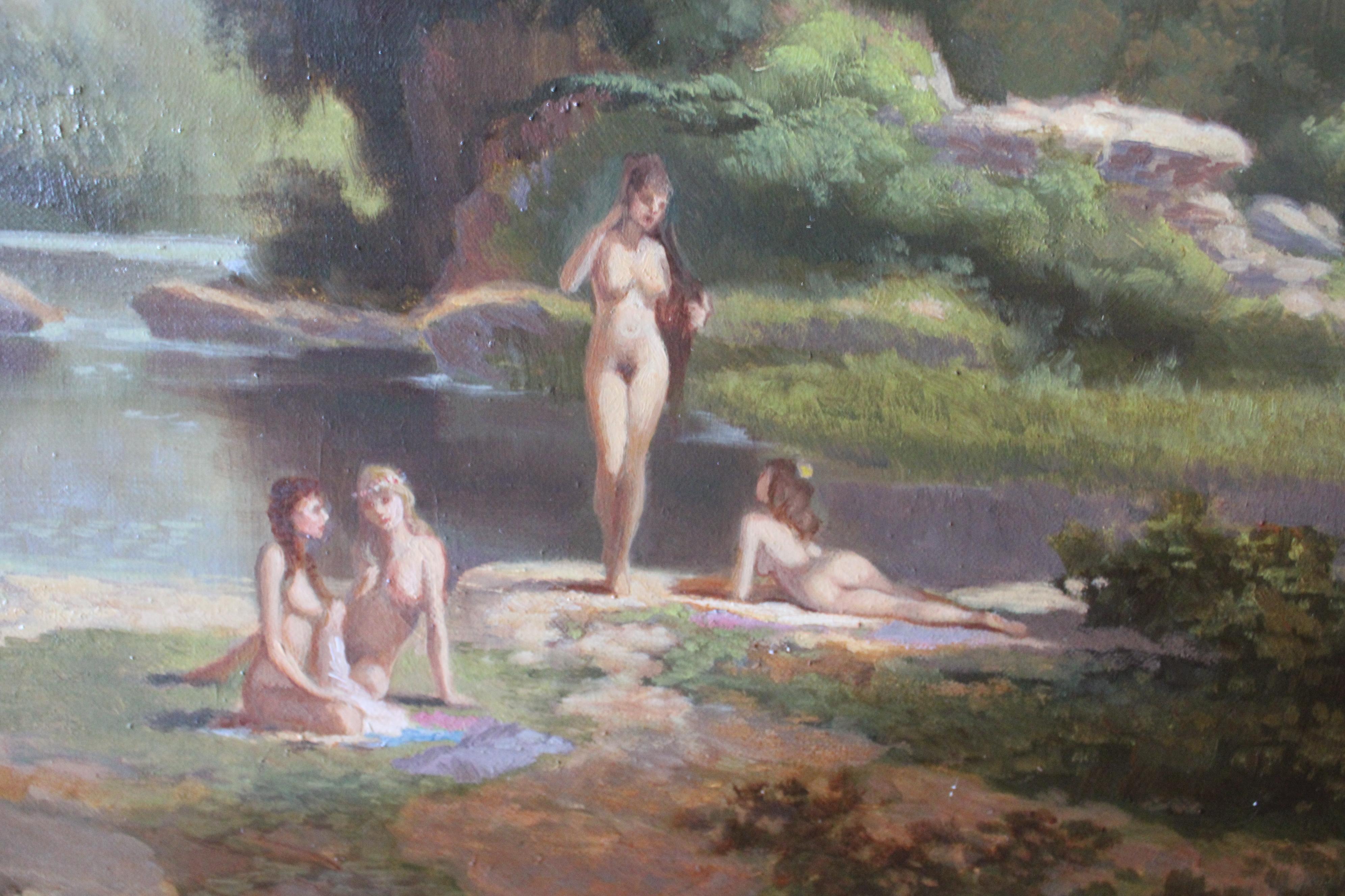 Nus se baignant dans un paysage, peinture à l'huile figurative française d'époque en vente 2