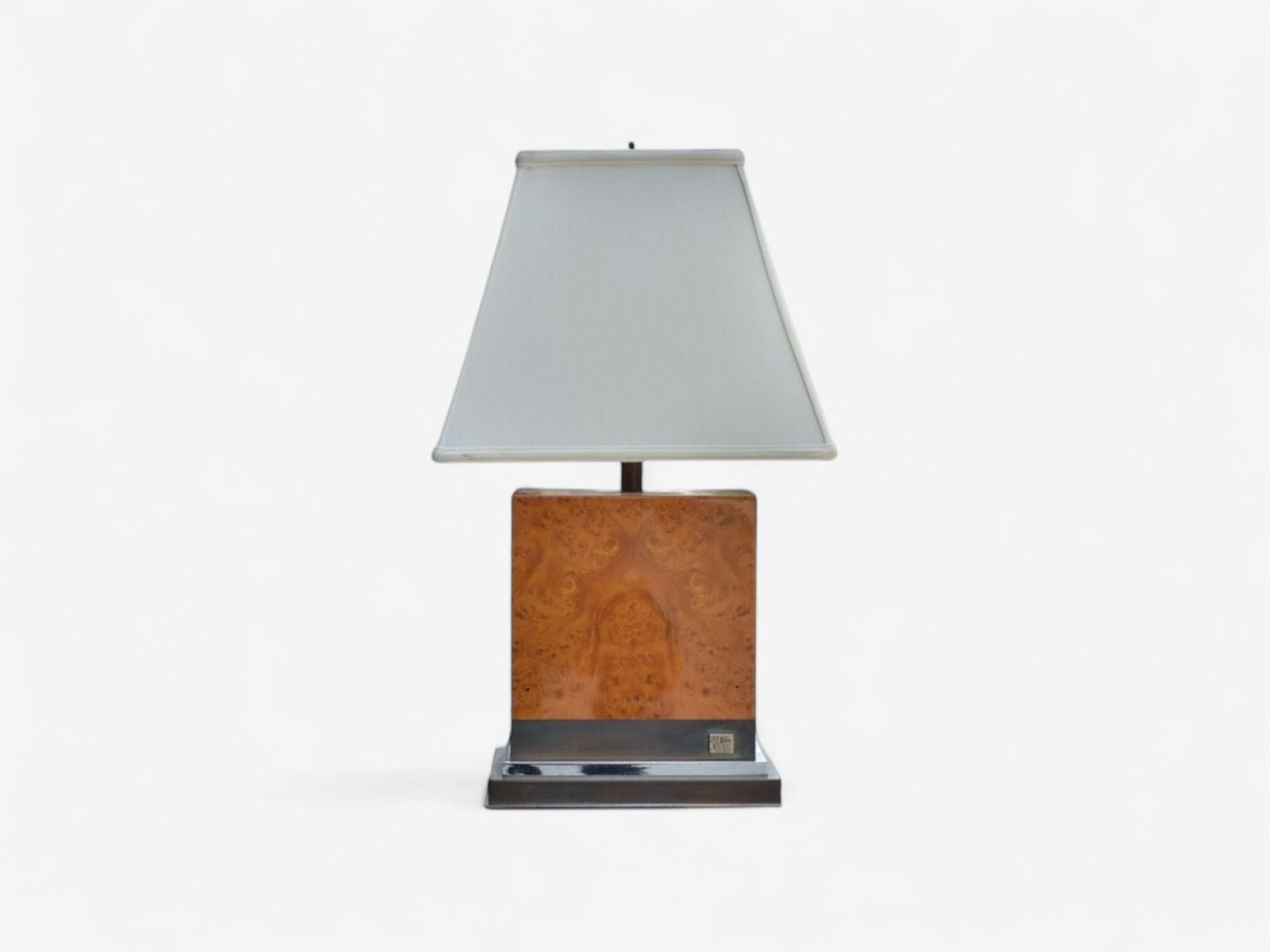 Mid-Century Modern Jean Claude Mahey, Burl Wood, Chrome, Table Lamps, France, 1960s For Sale
