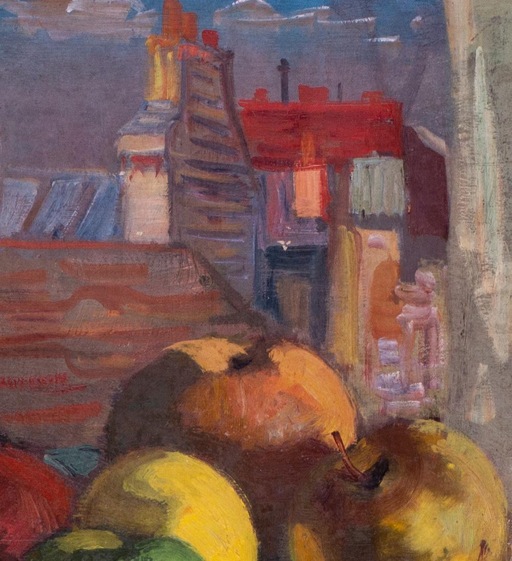 Nature morte post-impressionniste française du 20e siècle avec des pommes par Aujame - Painting de Jean Claude Aujame