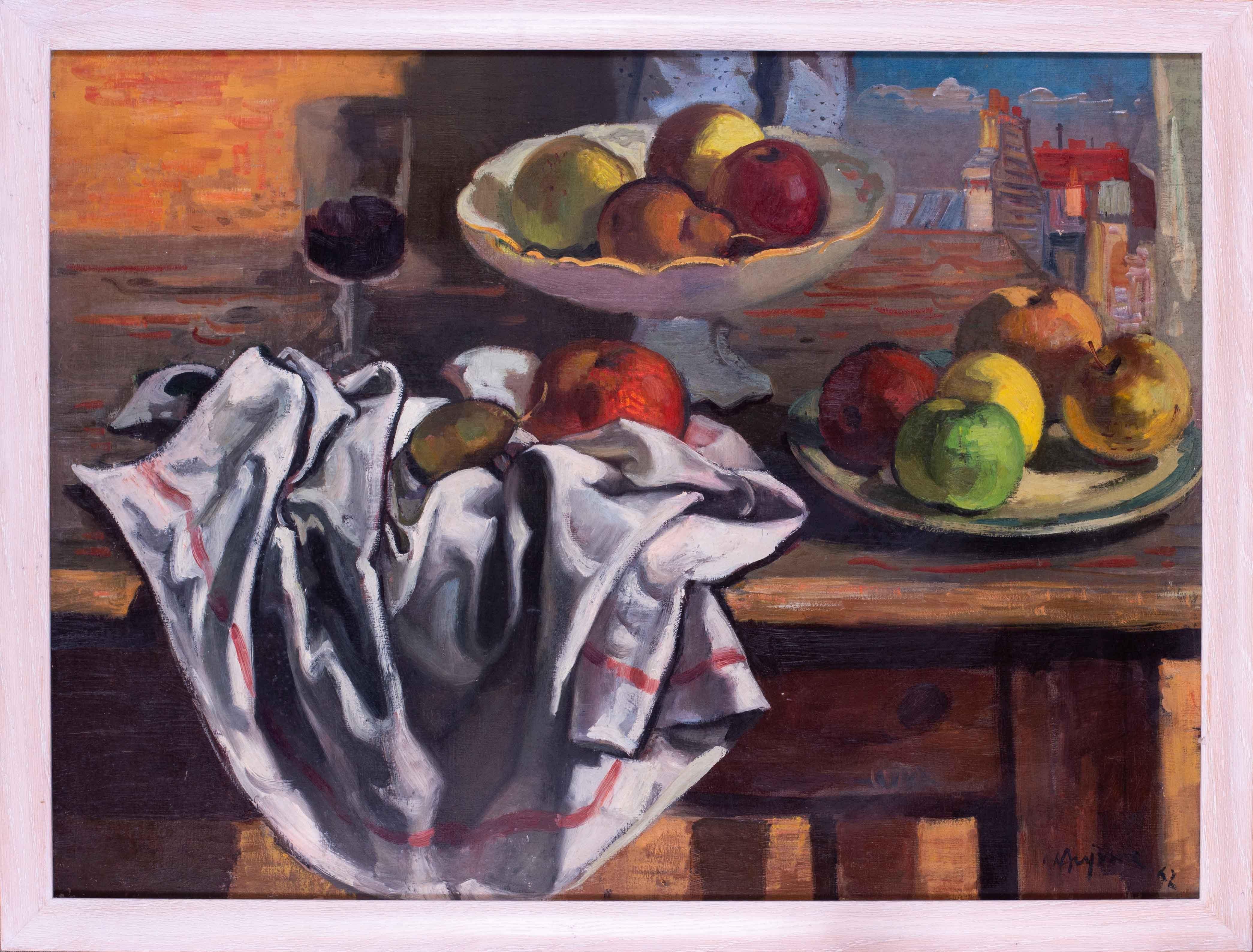 Still-Life Painting Jean Claude Aujame - Nature morte post-impressionniste française du 20e siècle avec des pommes par Aujame