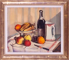 Post Impressionist French still life of fruit and bottle of wine by Aujame, 1928