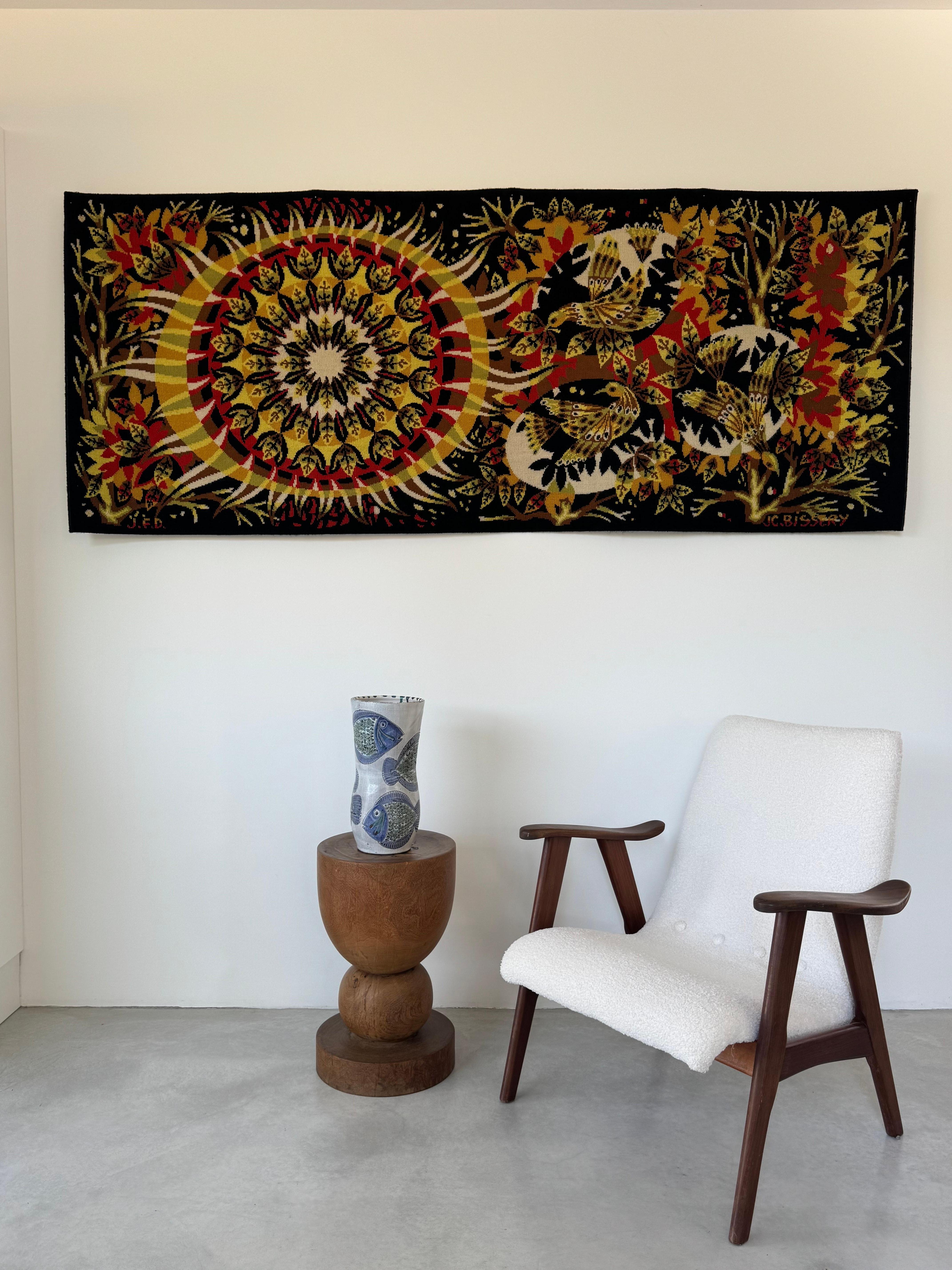Jean-Claude Bissery - Dawn, sun & bird - Huge Wool Tapestry, France Circa 1960 For Sale 6