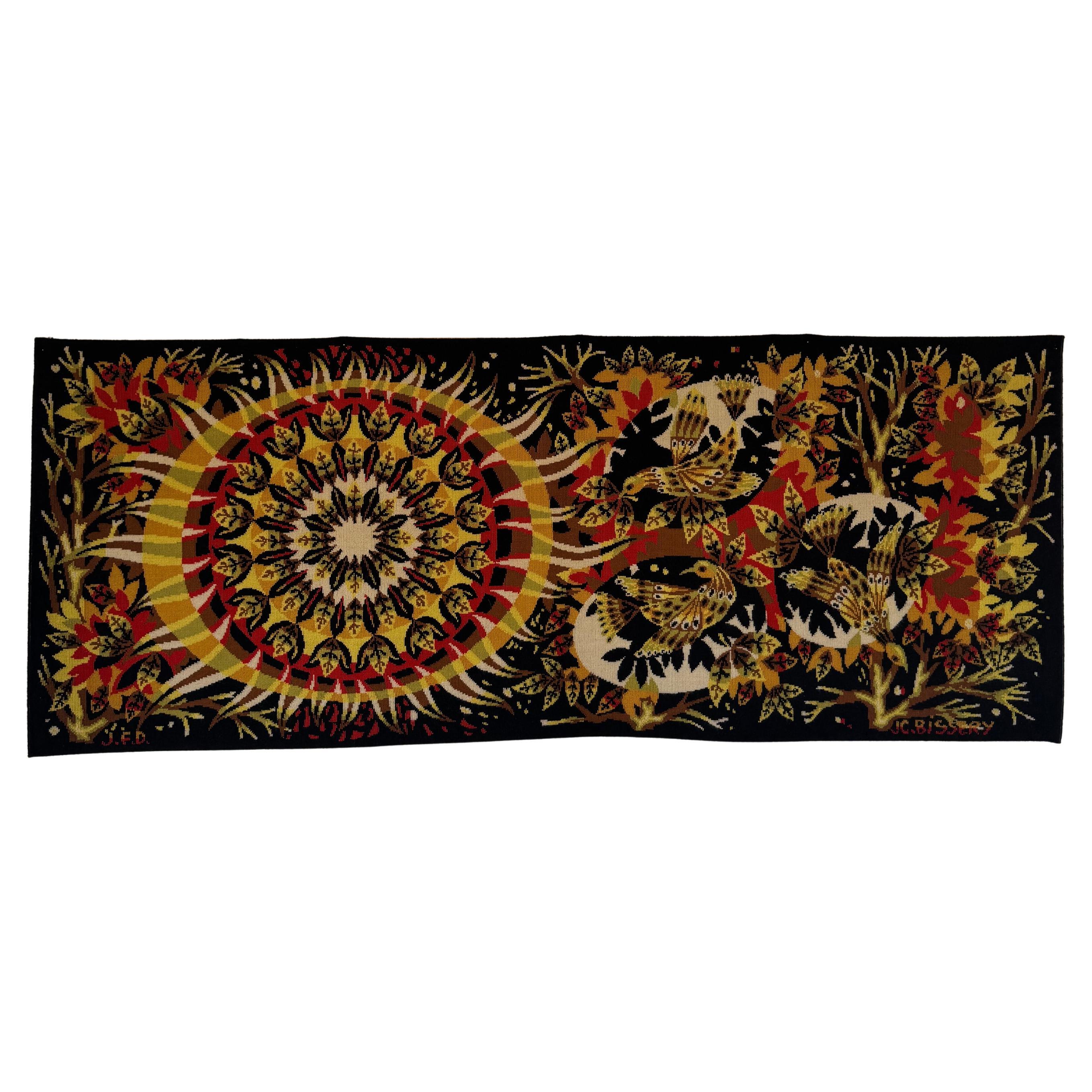 Jean-Claude Bissery - Dawn, sun & bird - Huge Wool Tapestry, France Circa 1960 For Sale
