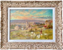 19th century French Romantic oil painting Sunset in the countryside