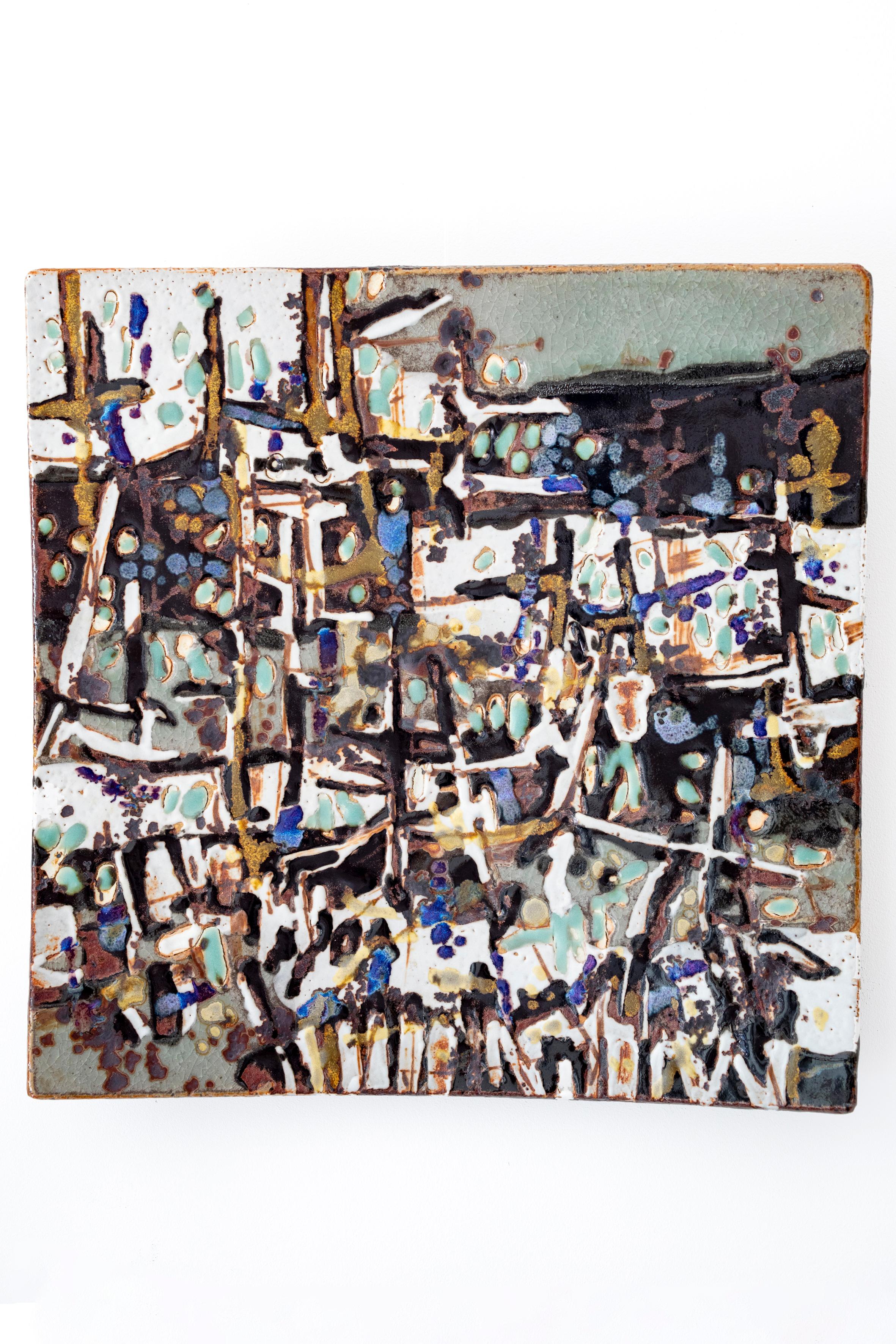 Jean-Claude Canonne Landscape Painting - "Escale" glazed stoneware painting
