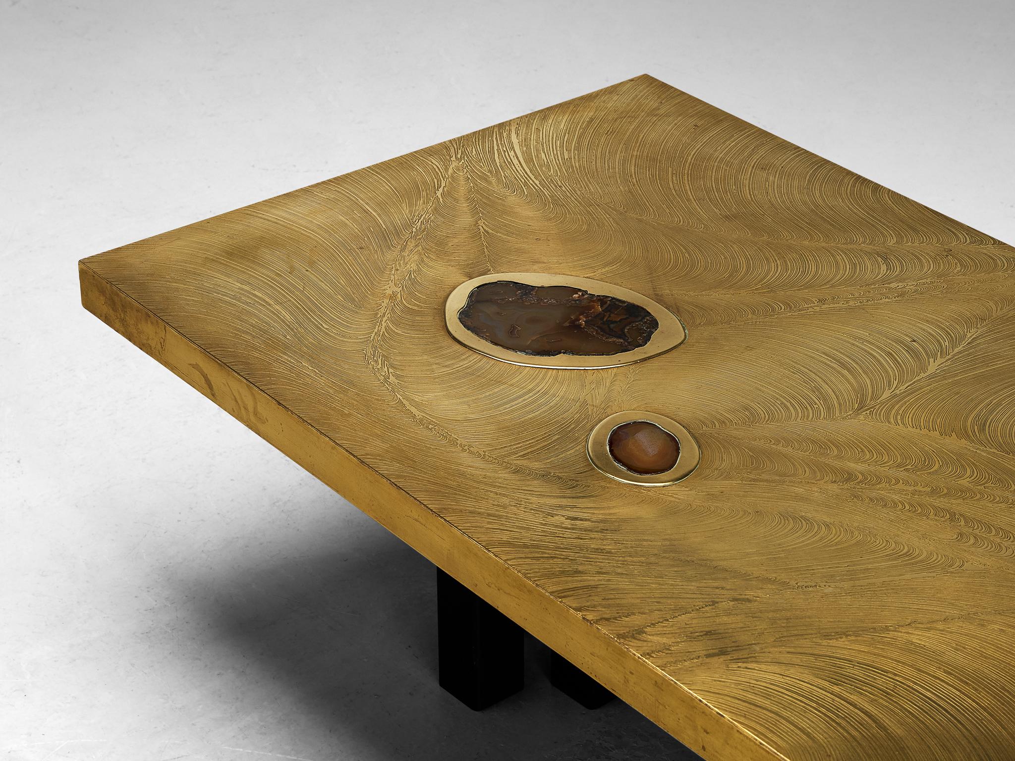 Post-Modern Jean Claude Dresse Coffee Table in Brass with Agate  For Sale