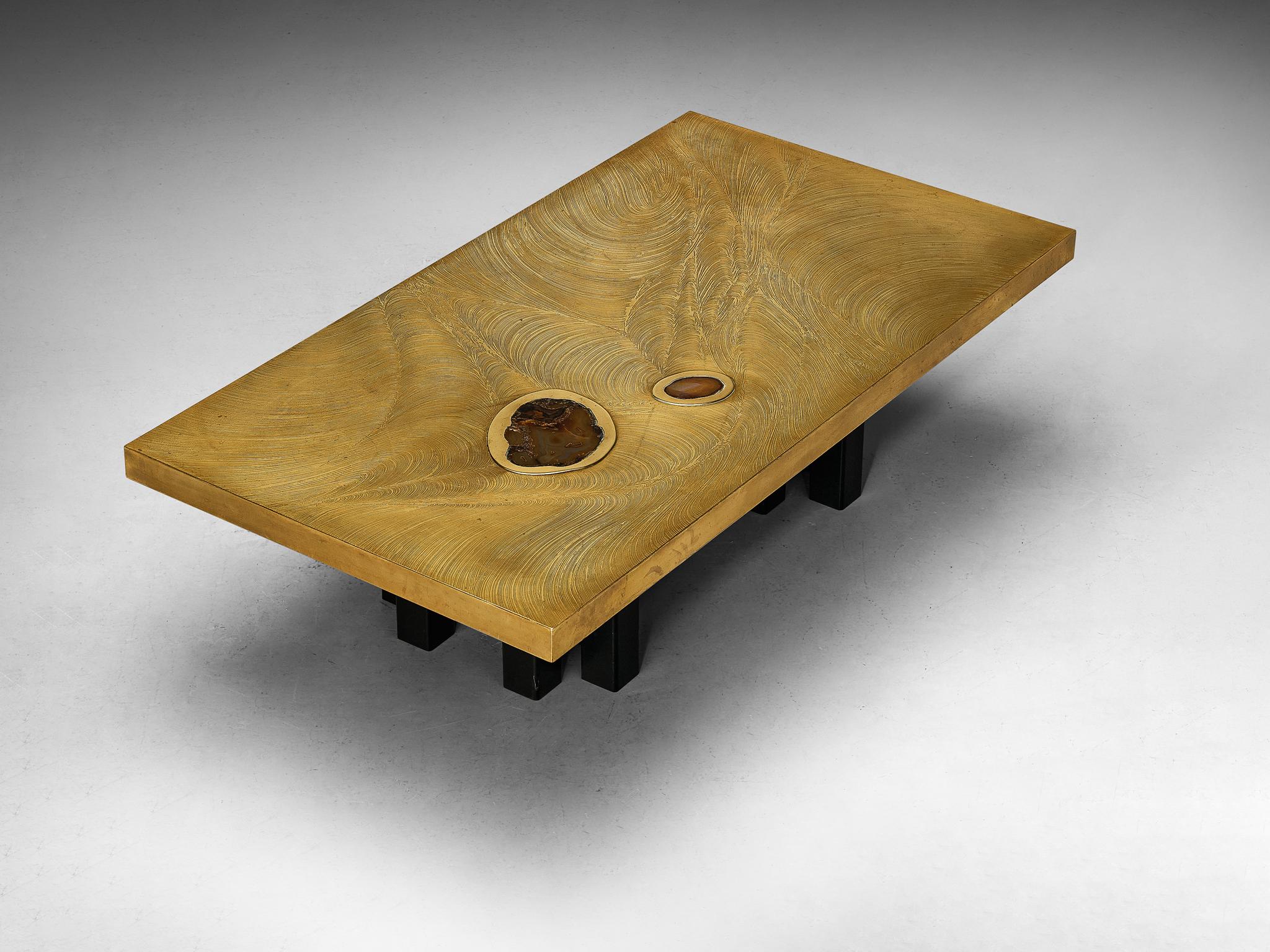 Late 20th Century Jean Claude Dresse Coffee Table in Brass with Agate  For Sale