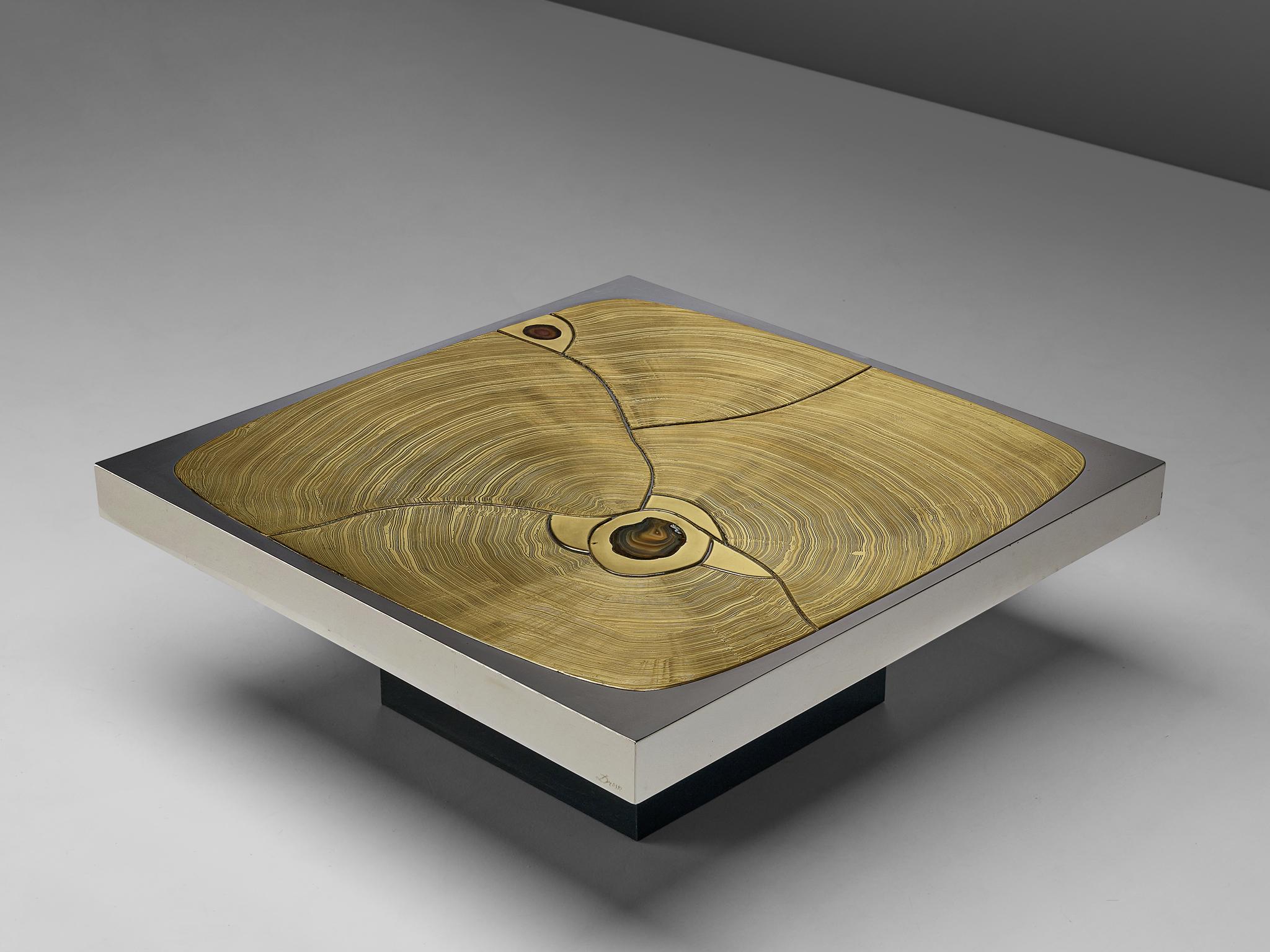 Jean Claude Dresse, coffee table, brass, steel, agate, metal, Belgium, 1970s

Square coffee table with striking tabletop designed by Jean Clause Dresse in the 1970s. Dresse is known for his bold designs, this table is no exception. A fragmented
