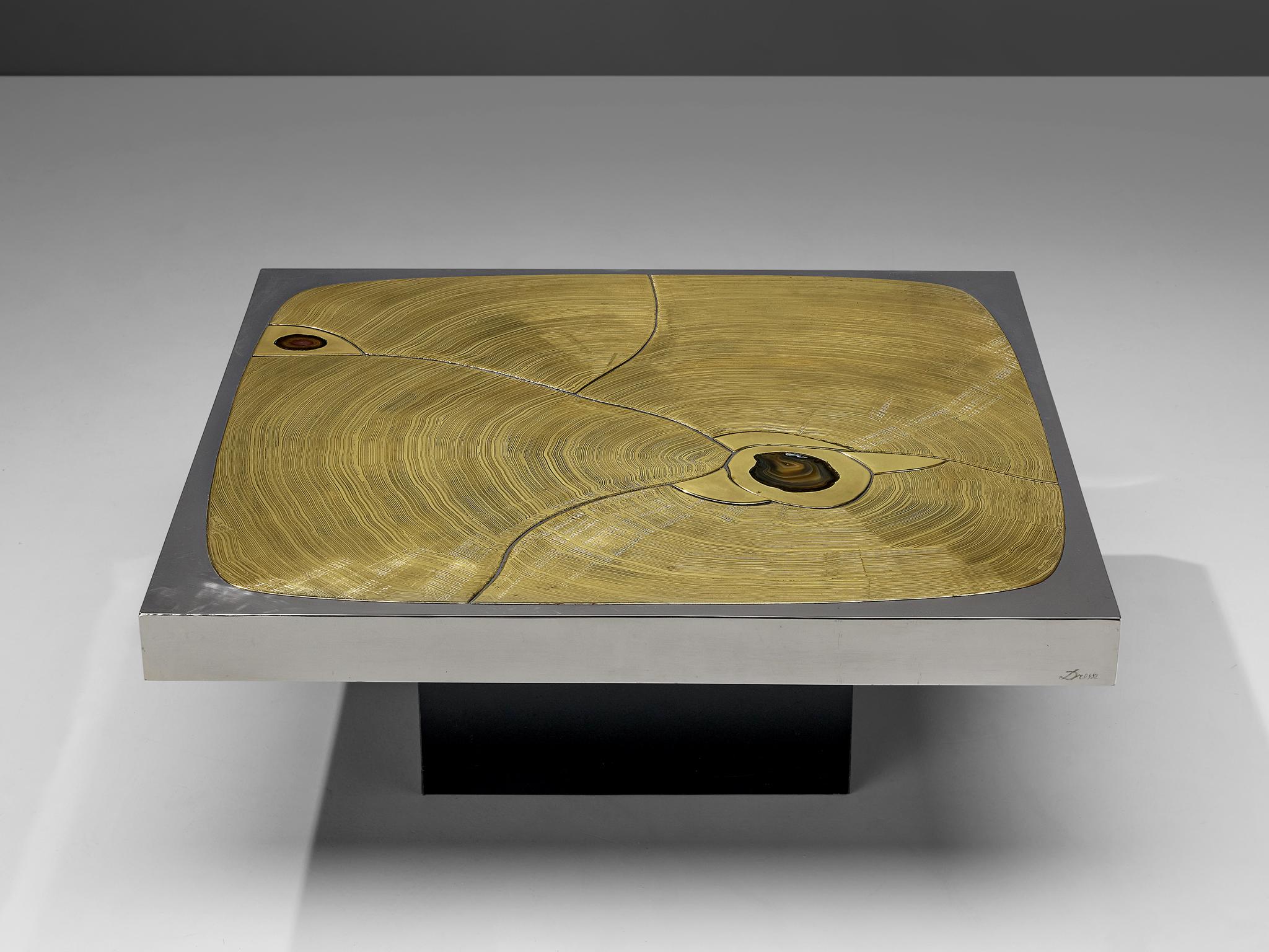 Belgian Jean Claude Dresse Coffee Table in Brass with Agate Inlays