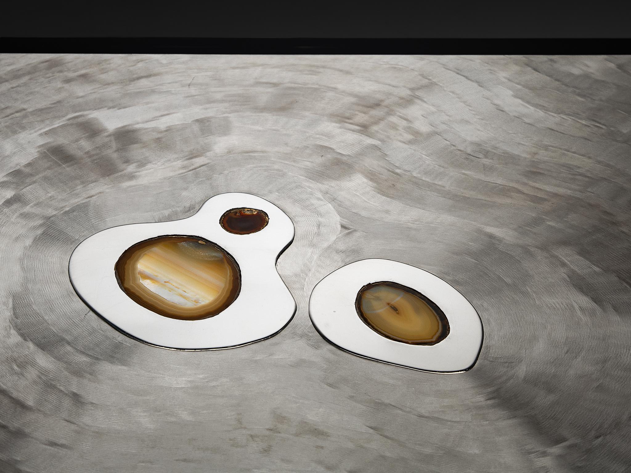 Stainless Steel Jean Claude Dresse Coffee Table in Steel and Resin Inlayed with Agate For Sale