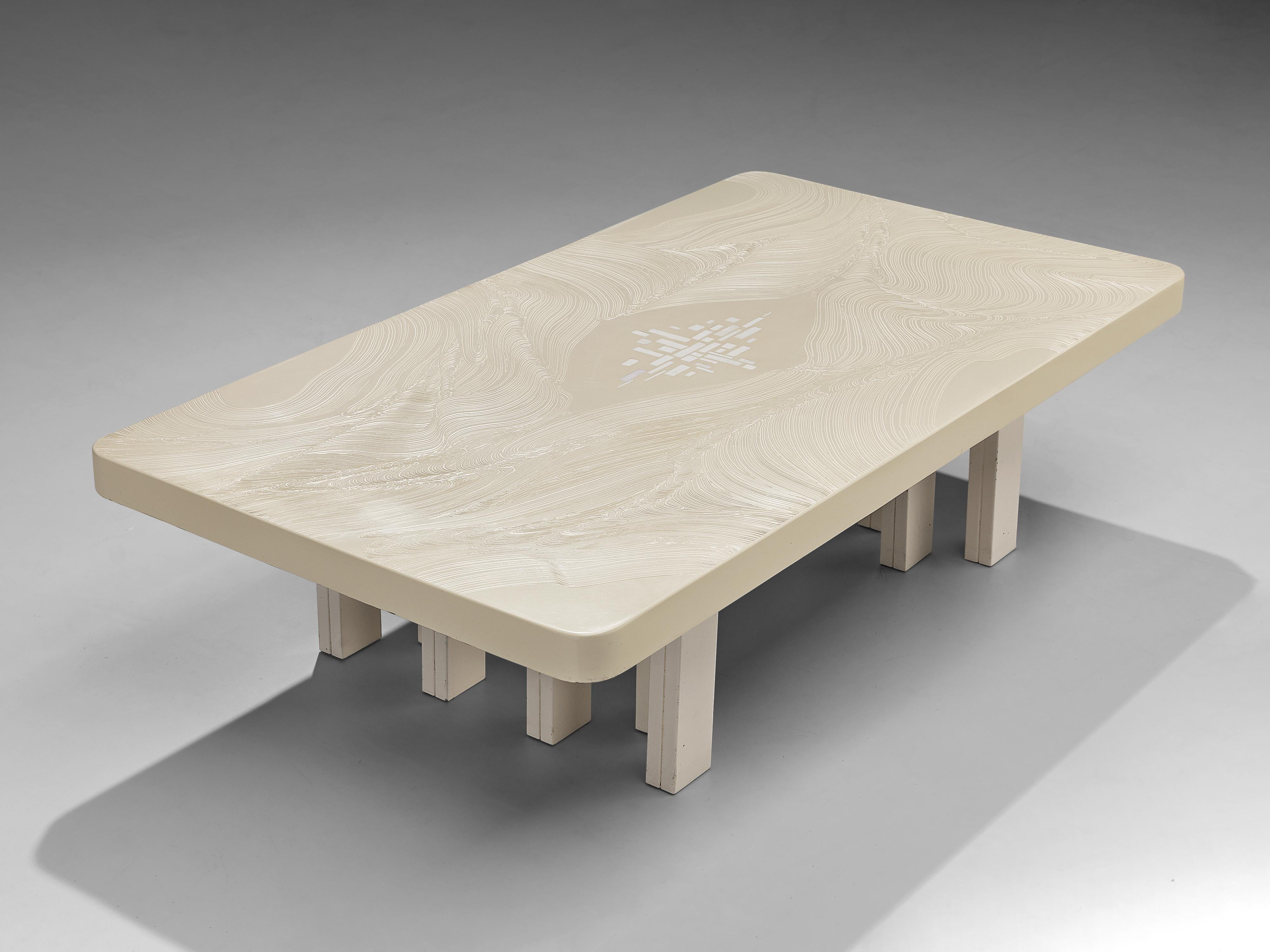 Belgian Jean Claude Dresse Coffee Table in Resin with Bone Inlay