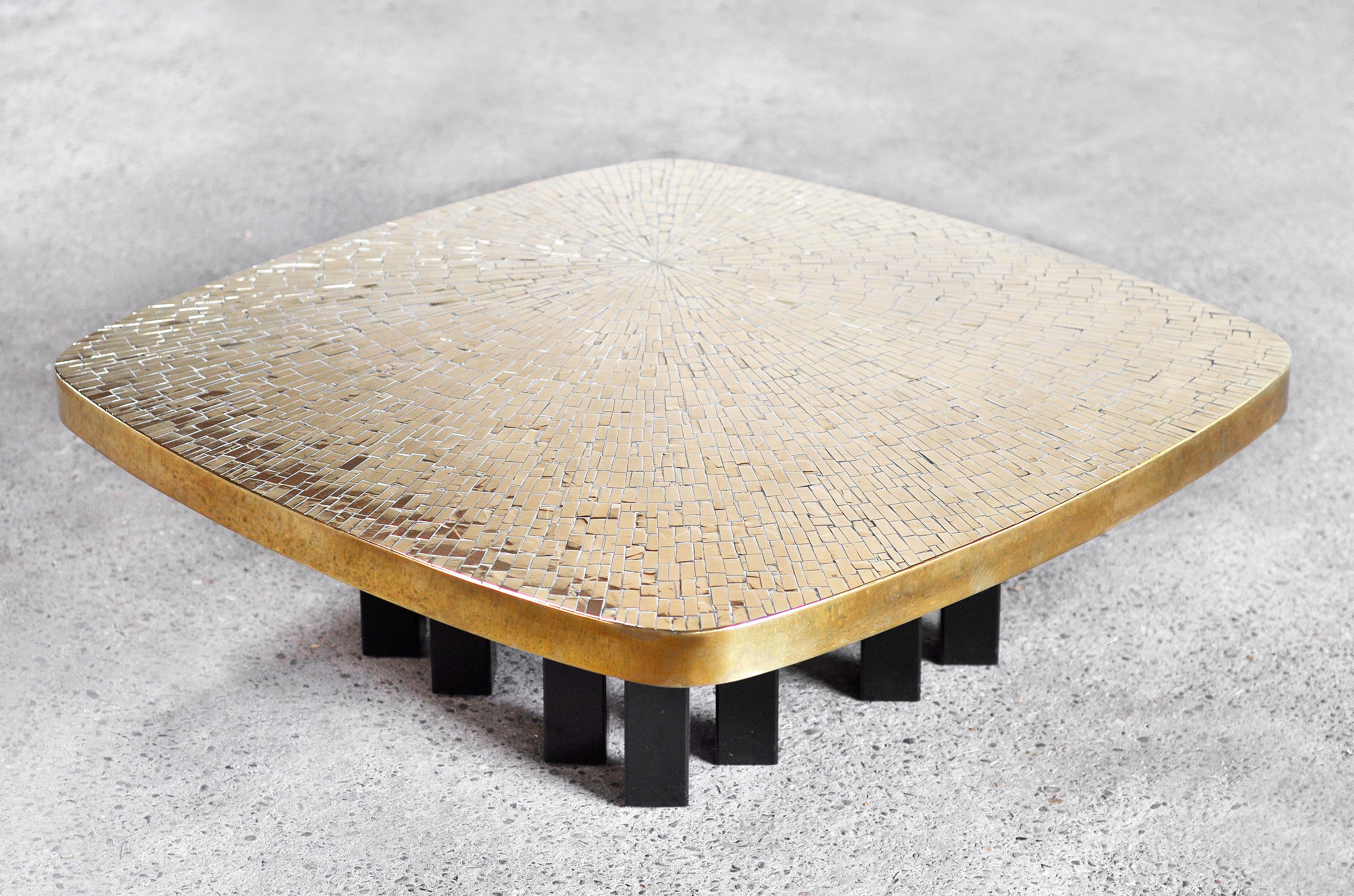 Brutalist Jean Claude Dresse Coffee Table With Brass Mosaic Inlay, 1970's