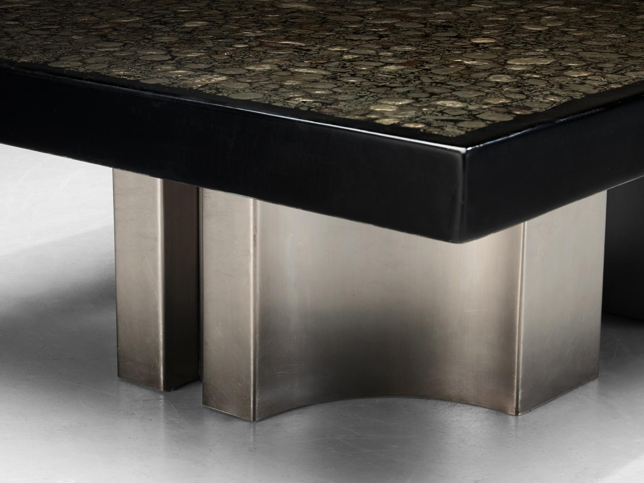 Jean Claude Dresse Couchtisch mit Intarsien aus Marcasite und Edelstahl im Angebot 4