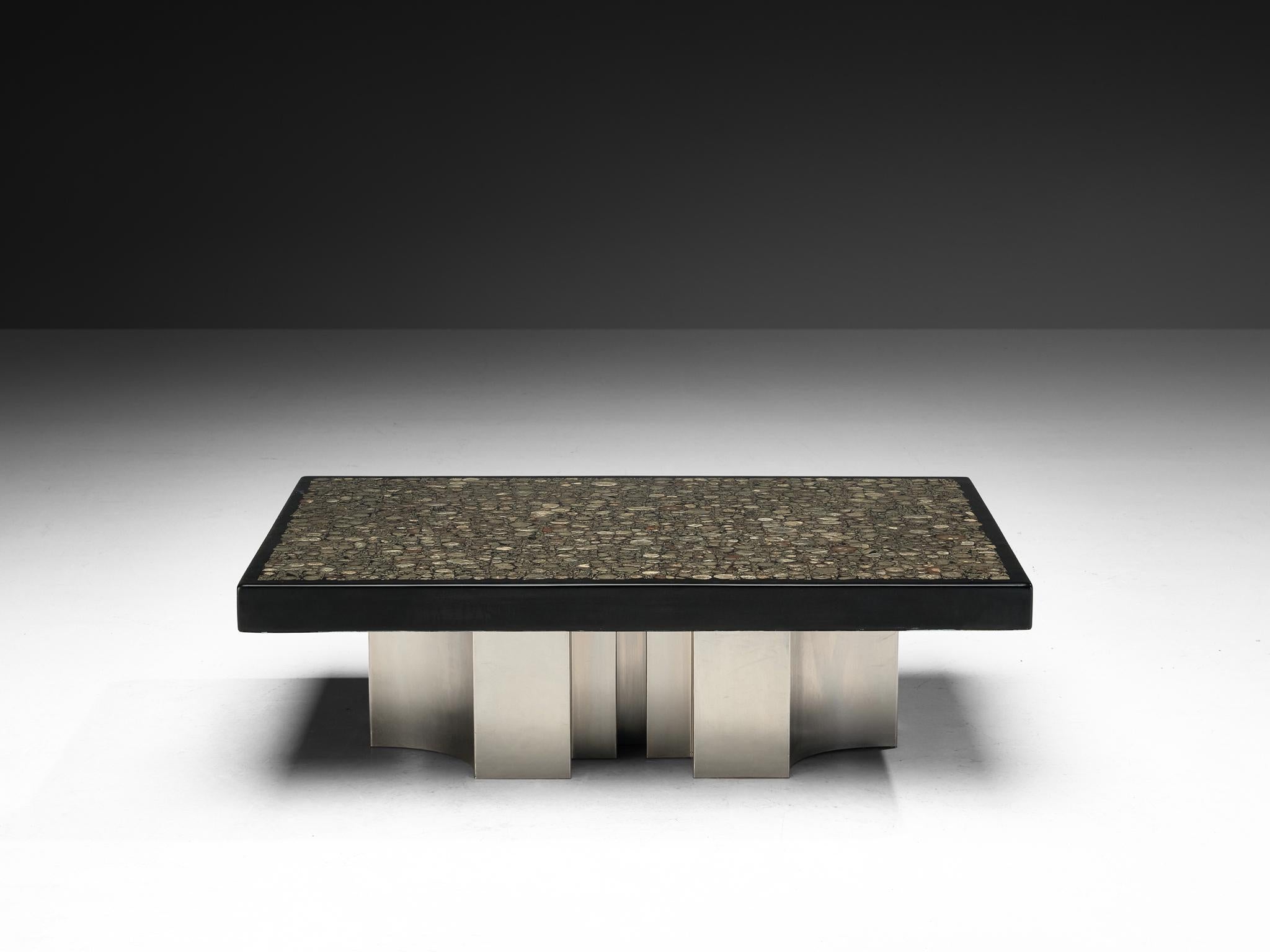 Jean Claude Dresse Couchtisch mit Intarsien aus Marcasite und Edelstahl (Postmoderne) im Angebot