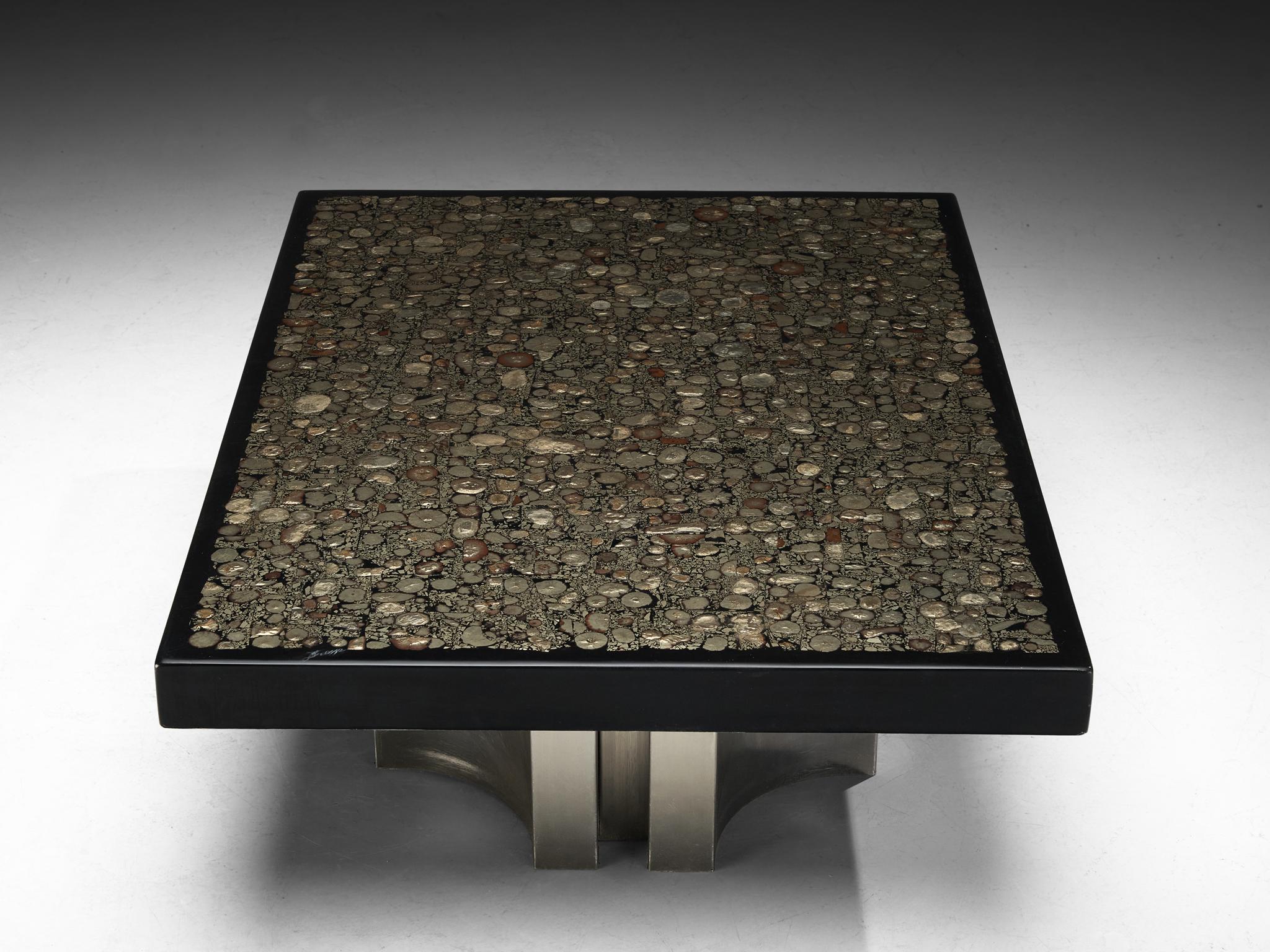 Jean Claude Dresse Couchtisch mit Intarsien aus Marcasite und Edelstahl (Ende des 20. Jahrhunderts) im Angebot