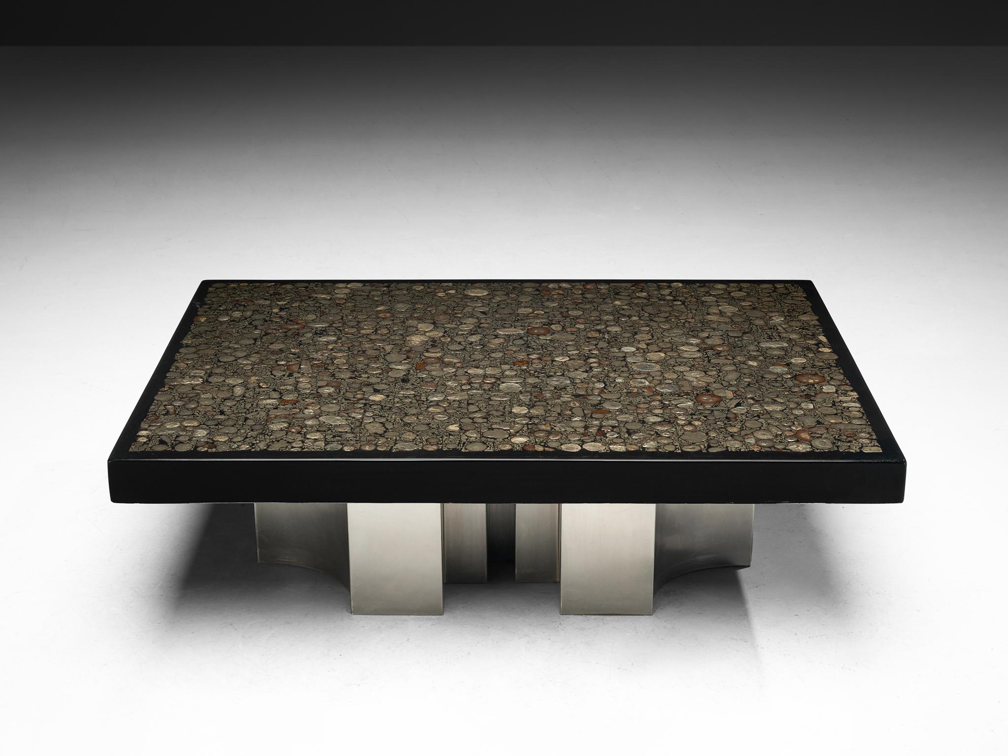 Jean Claude Dresse Couchtisch mit Intarsien aus Marcasite und Edelstahl im Angebot 1