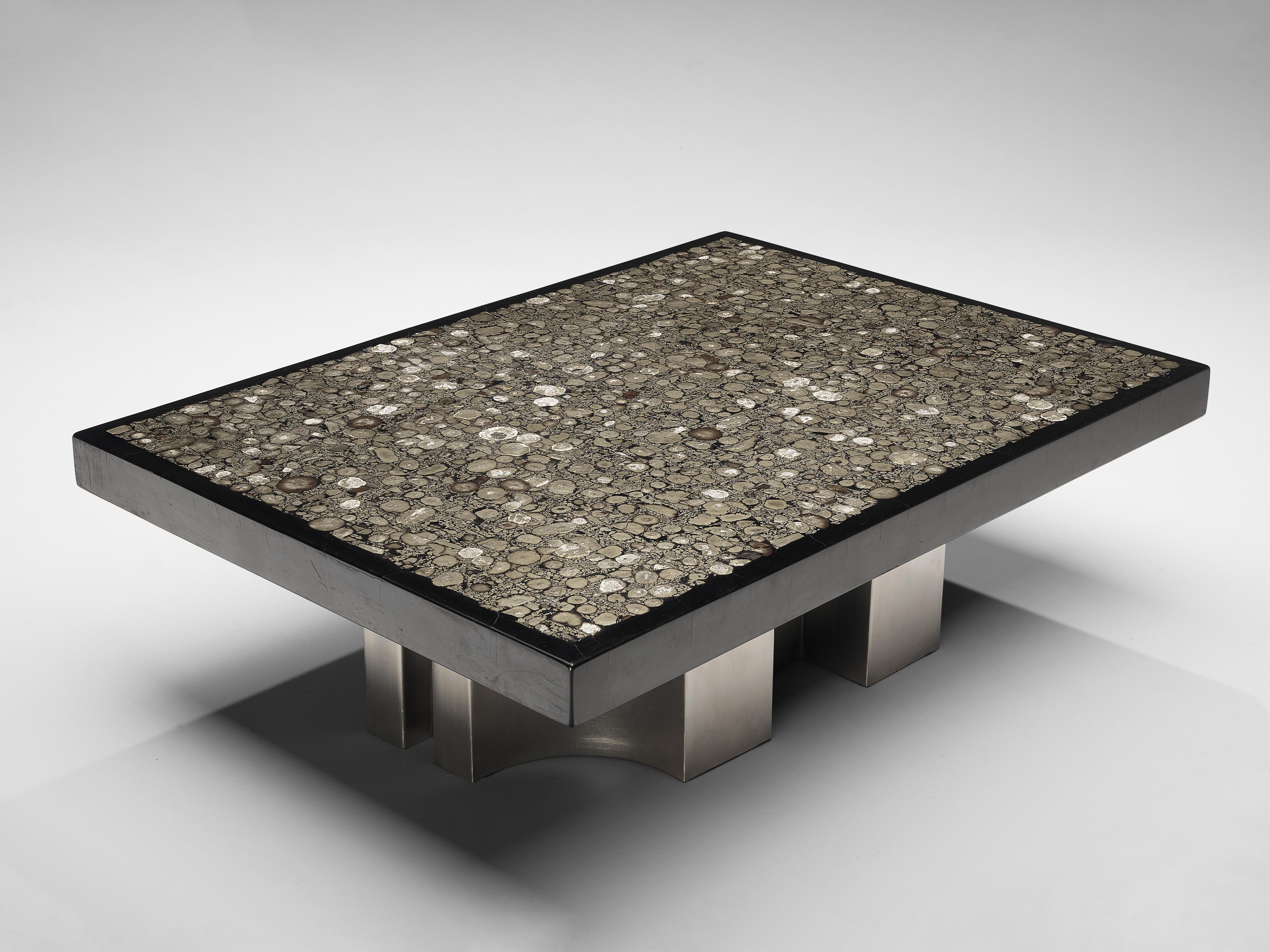 Jean Claude Dresse, large coffee table, marcasite, wood, steel, Belgium, 1970s 

This coffee table was crafted with great eye for proportions and detail, typical for the work of Dresse. The luxurious character of the marcasite inlay emphasizes the