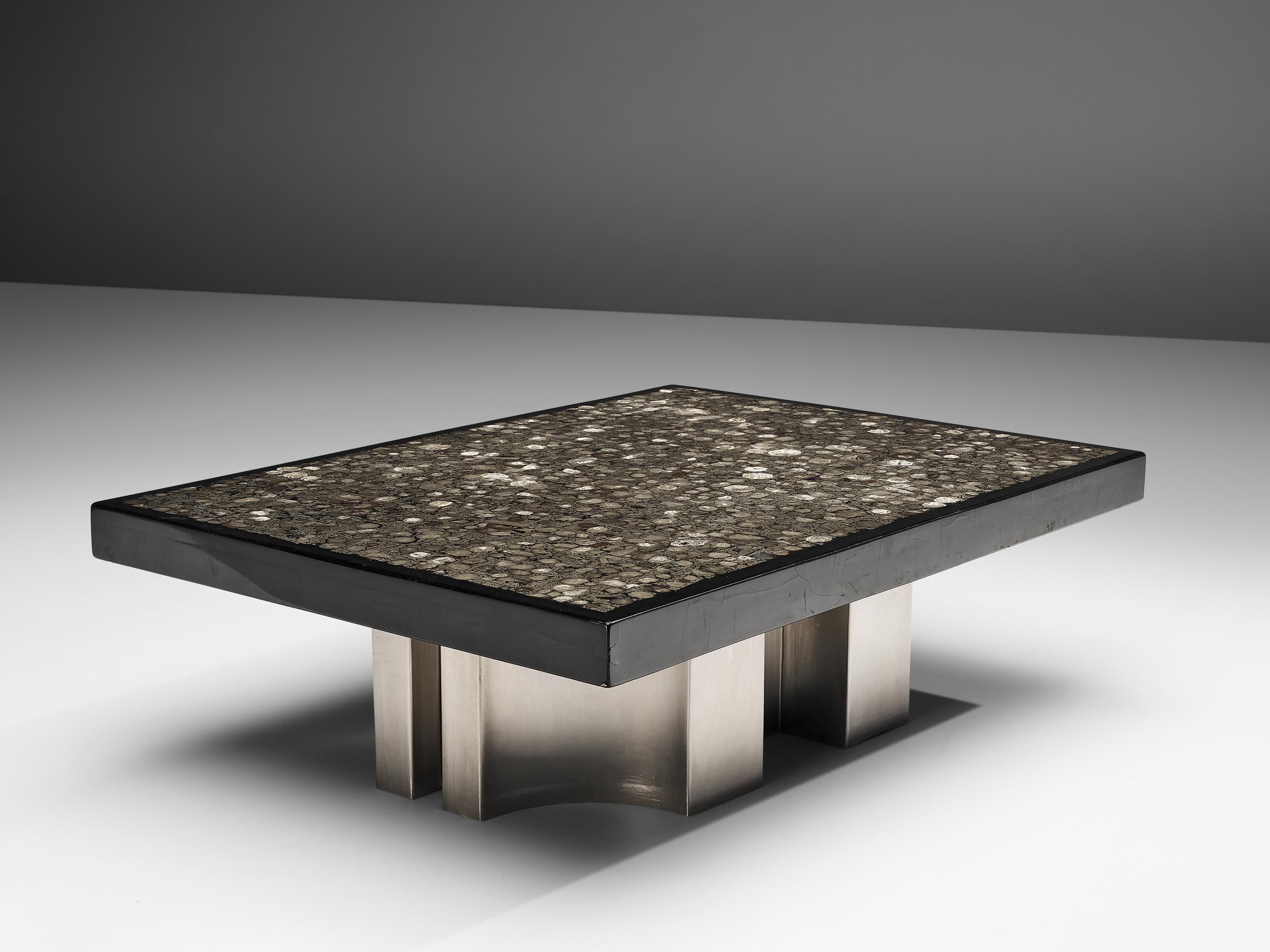 Steel Jean Claude Dresse Coffee Table with Inlay of Marcasite