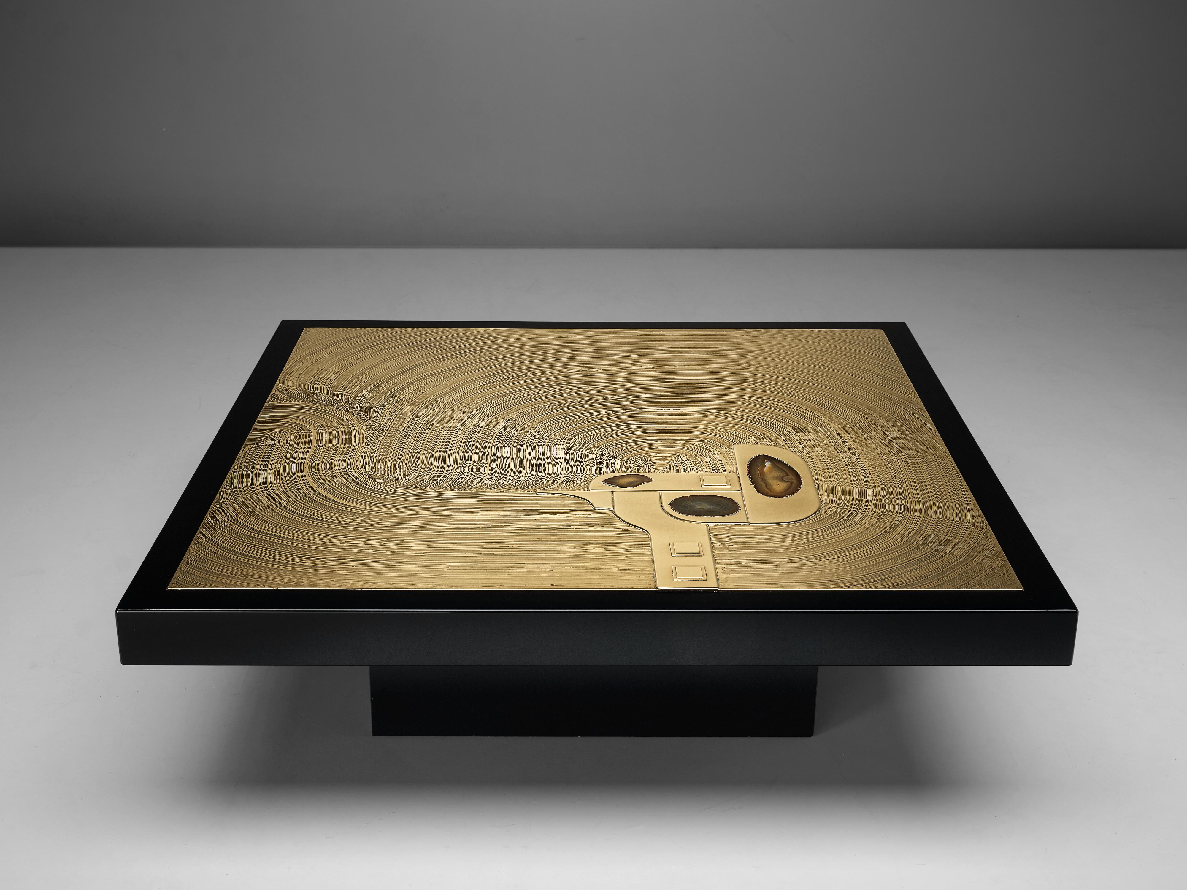 Belgian Jean Claude Dresse Etched Brass Inlayed with Agate Coffee Table