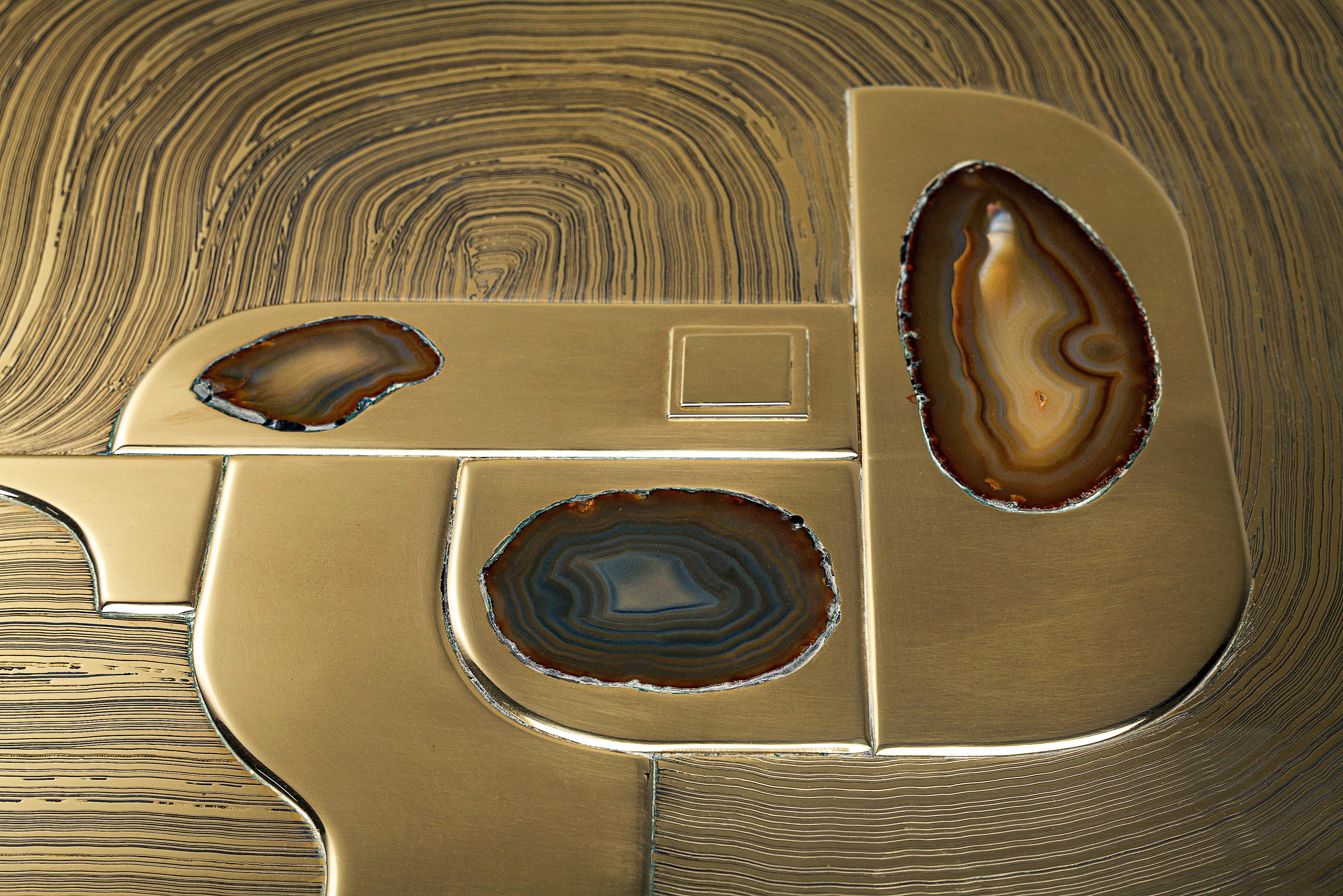 Jean Claude Dresse Etched Brass Inlayed with Agate Coffee Table In Good Condition In Waalwijk, NL