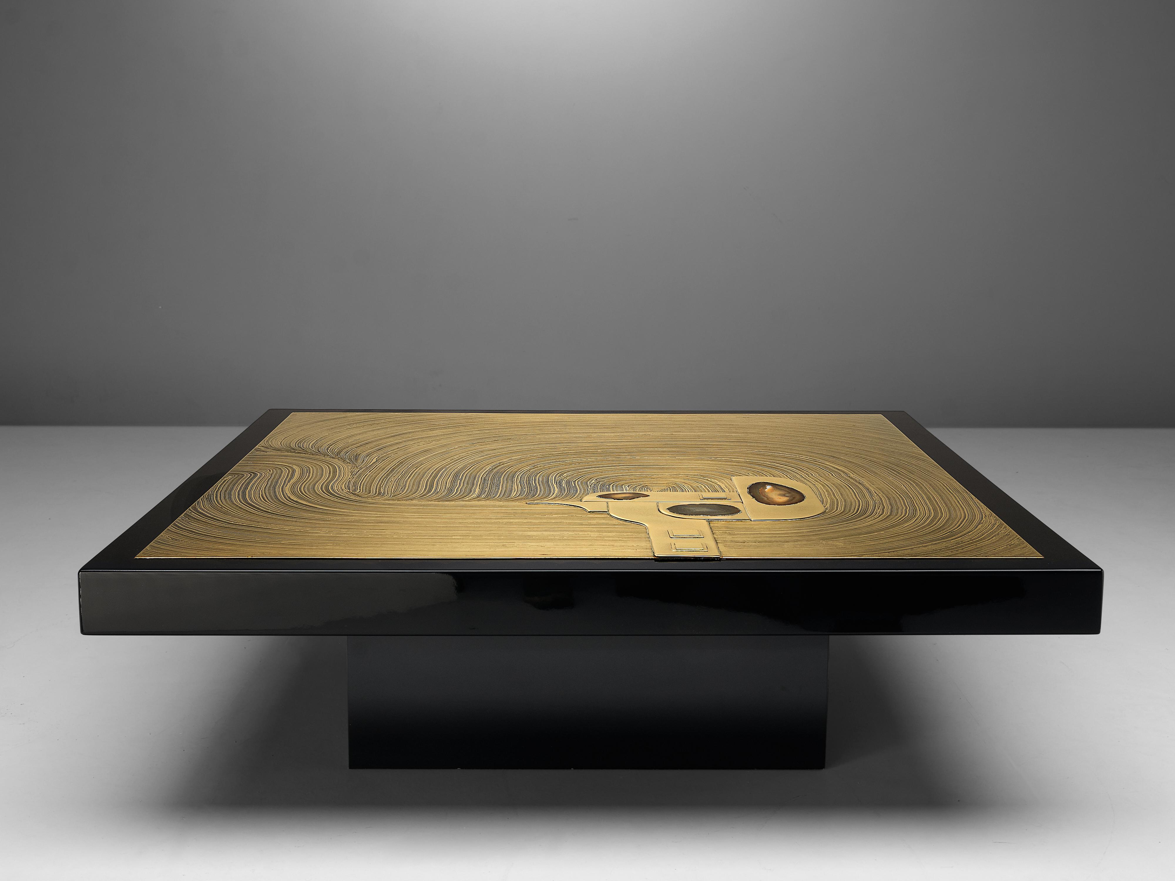 Late 20th Century Jean Claude Dresse Etched Brass Inlayed with Agate Coffee Table