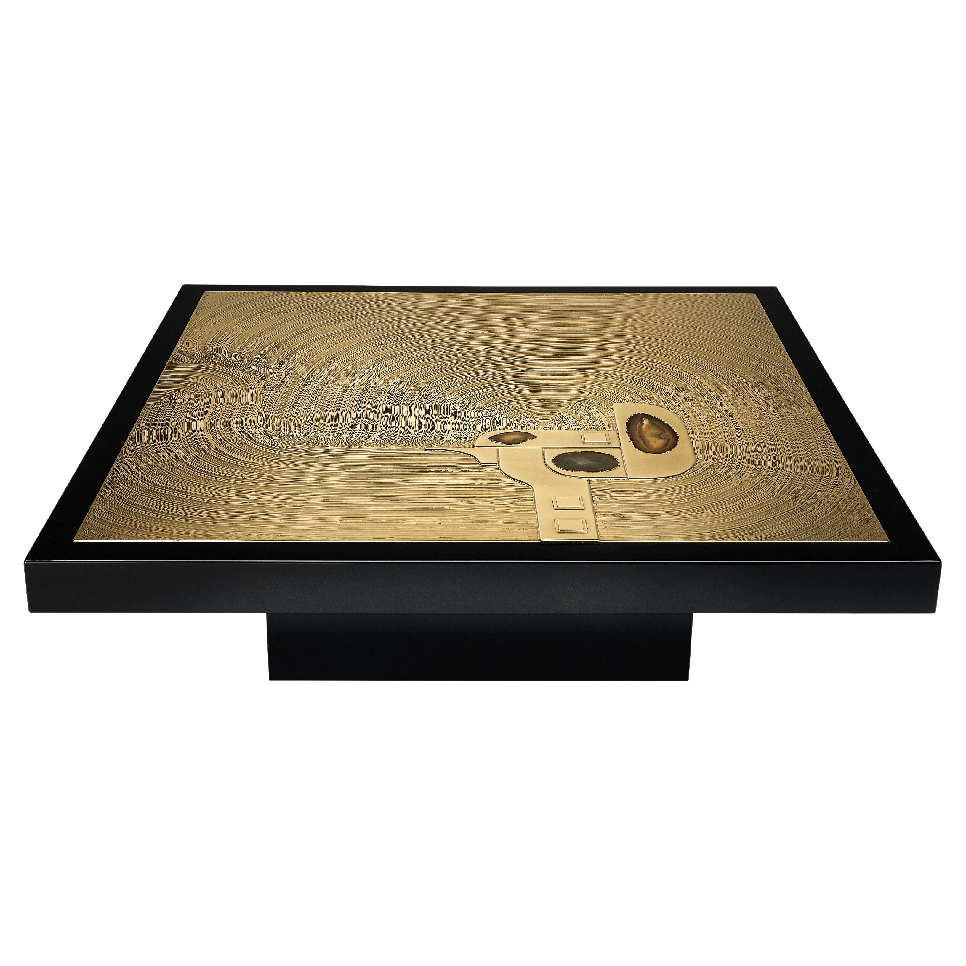 Jean Claude Dresse Etched Brass Inlayed with Agate Coffee Table