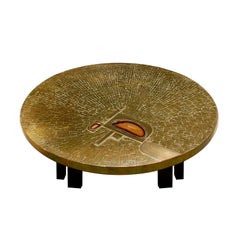 Jean Claude Dresse Exceptional Coffee Table in Gilt Brass with Red Agate, 1980s