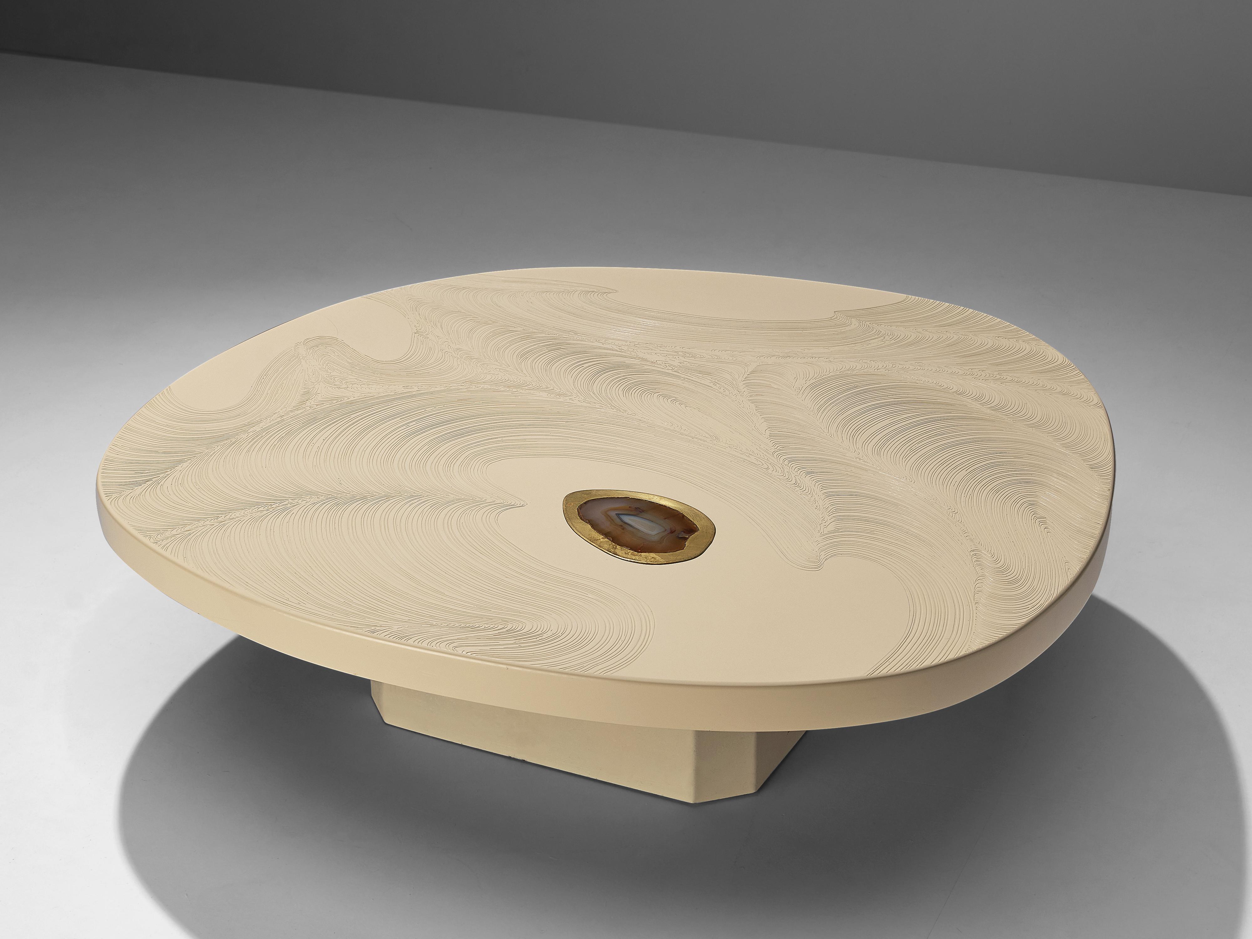 Late 20th Century Jean Claude Dresse Freeform Coffee Table in White Resin, Brass and Agate