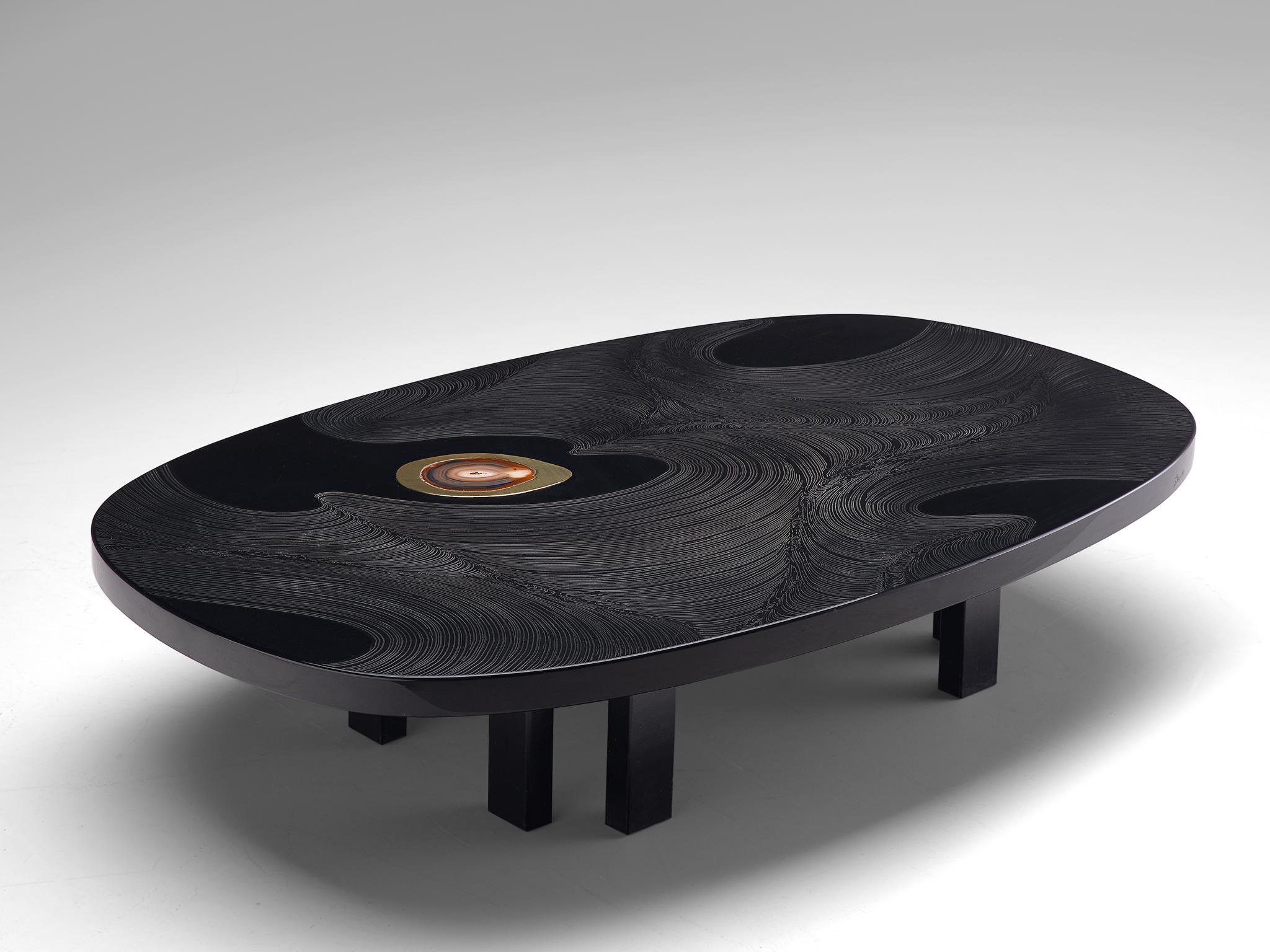 Mid-Century Modern Jean Claude Dresse Coffee Table In Sculpted Black Resin Inlayed with Agate