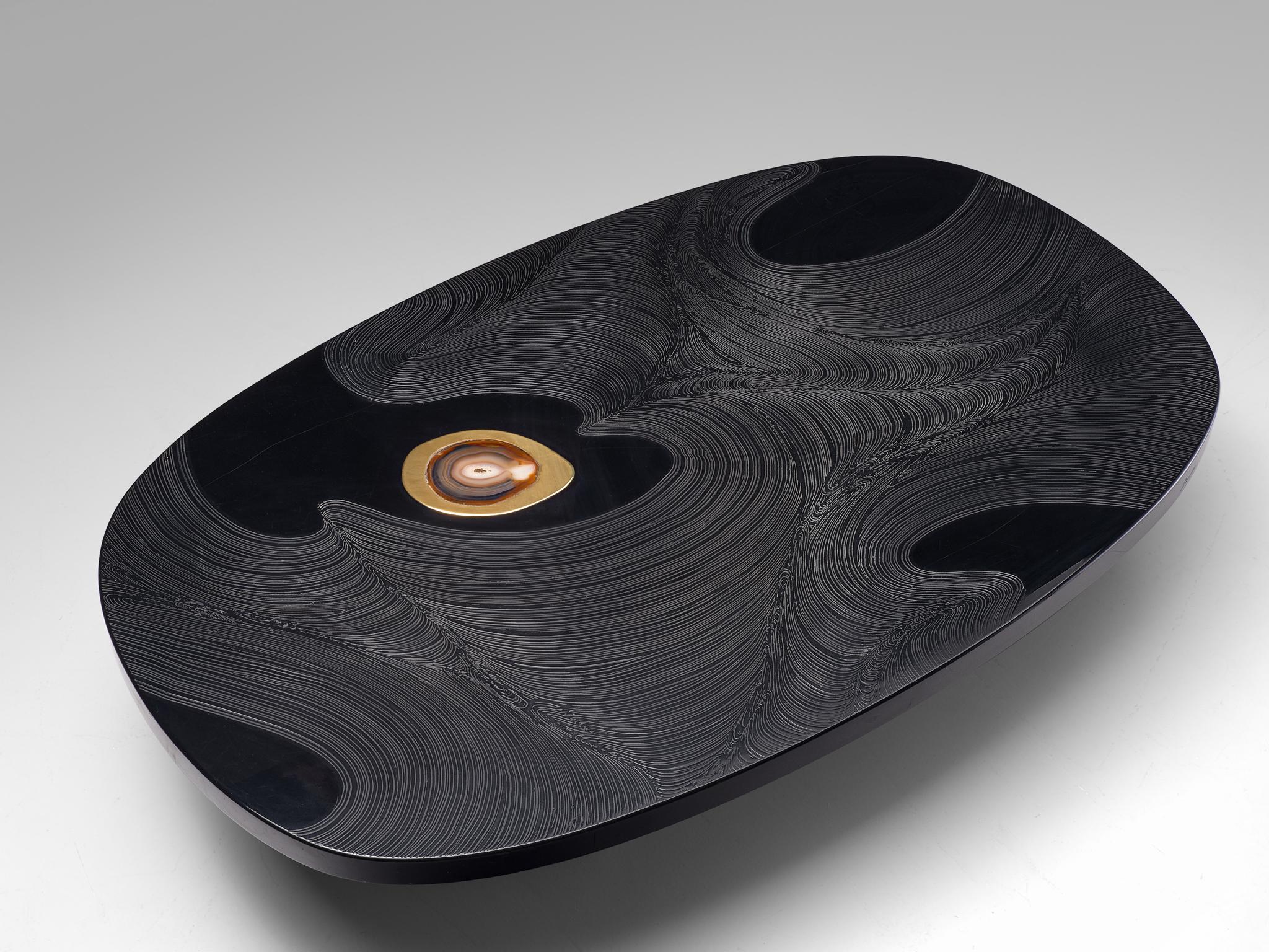 Belgian Jean Claude Dresse Coffee Table In Sculpted Black Resin Inlayed with Agate