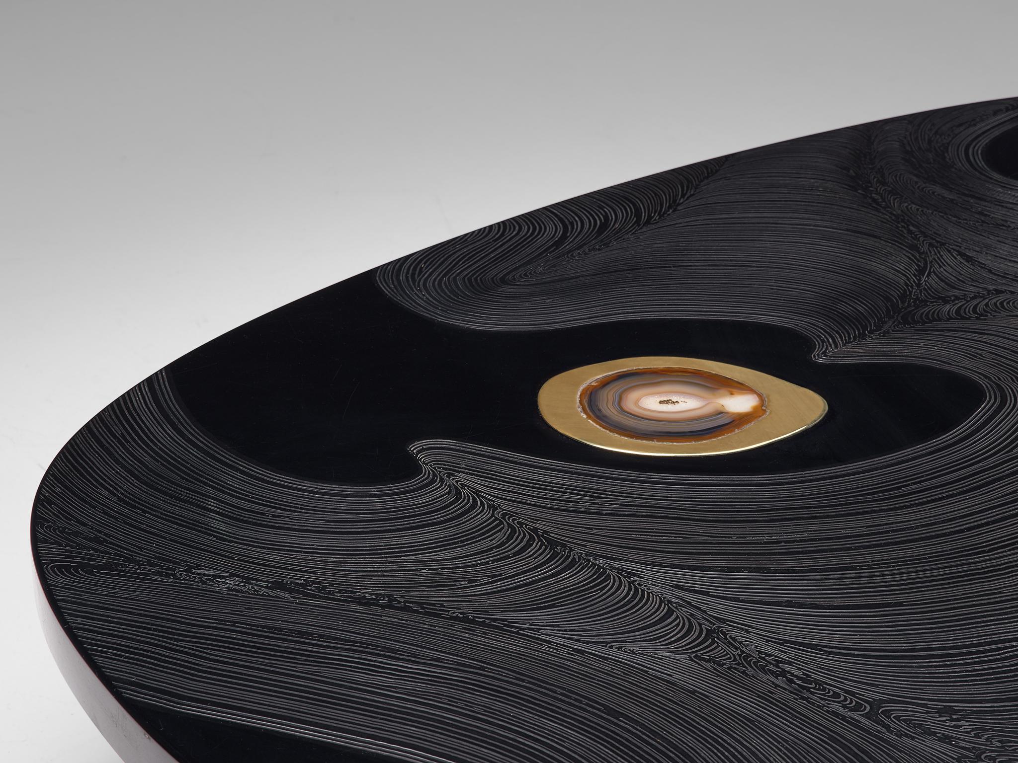 Late 20th Century Jean Claude Dresse Coffee Table In Sculpted Black Resin Inlayed with Agate